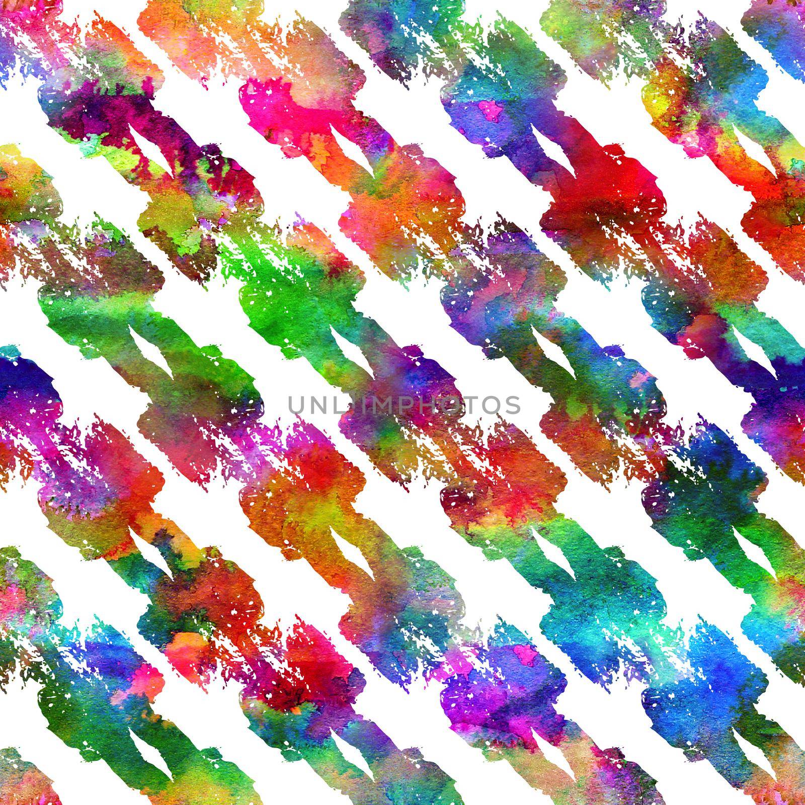 colorful seamless pattern with brush strokes and dots. Rainbow watercolor color on white background. Hand painted grange texture. Ink geometric elements. Fashion modern style. Unusual.