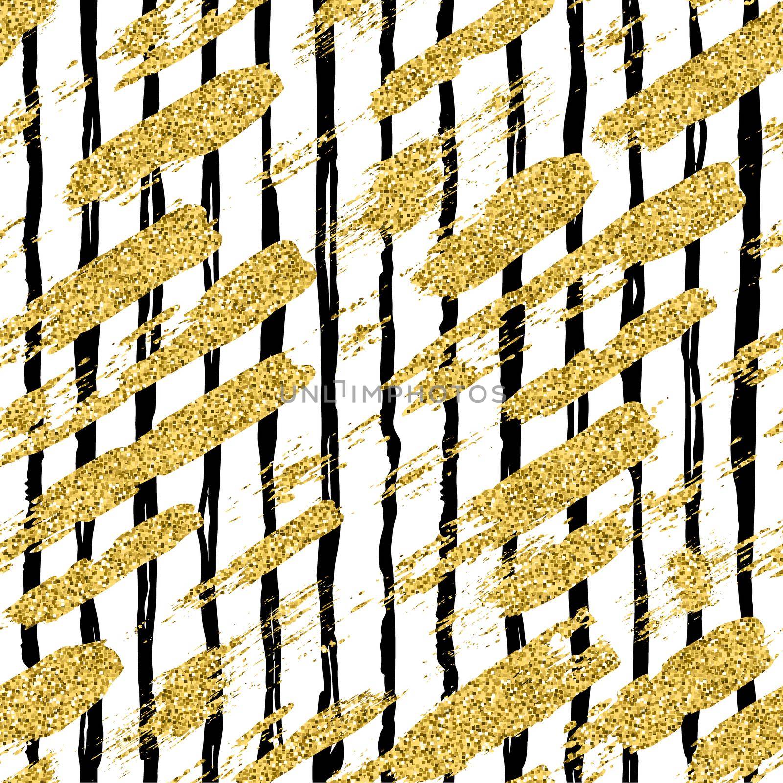 Modern seamless pattern with glitter brush stripes and strokes. Golden, black color on white background. Hand painted grange texture. Shiny spark elements. Fashion modern style. Repeat fabric print. by DesignAB
