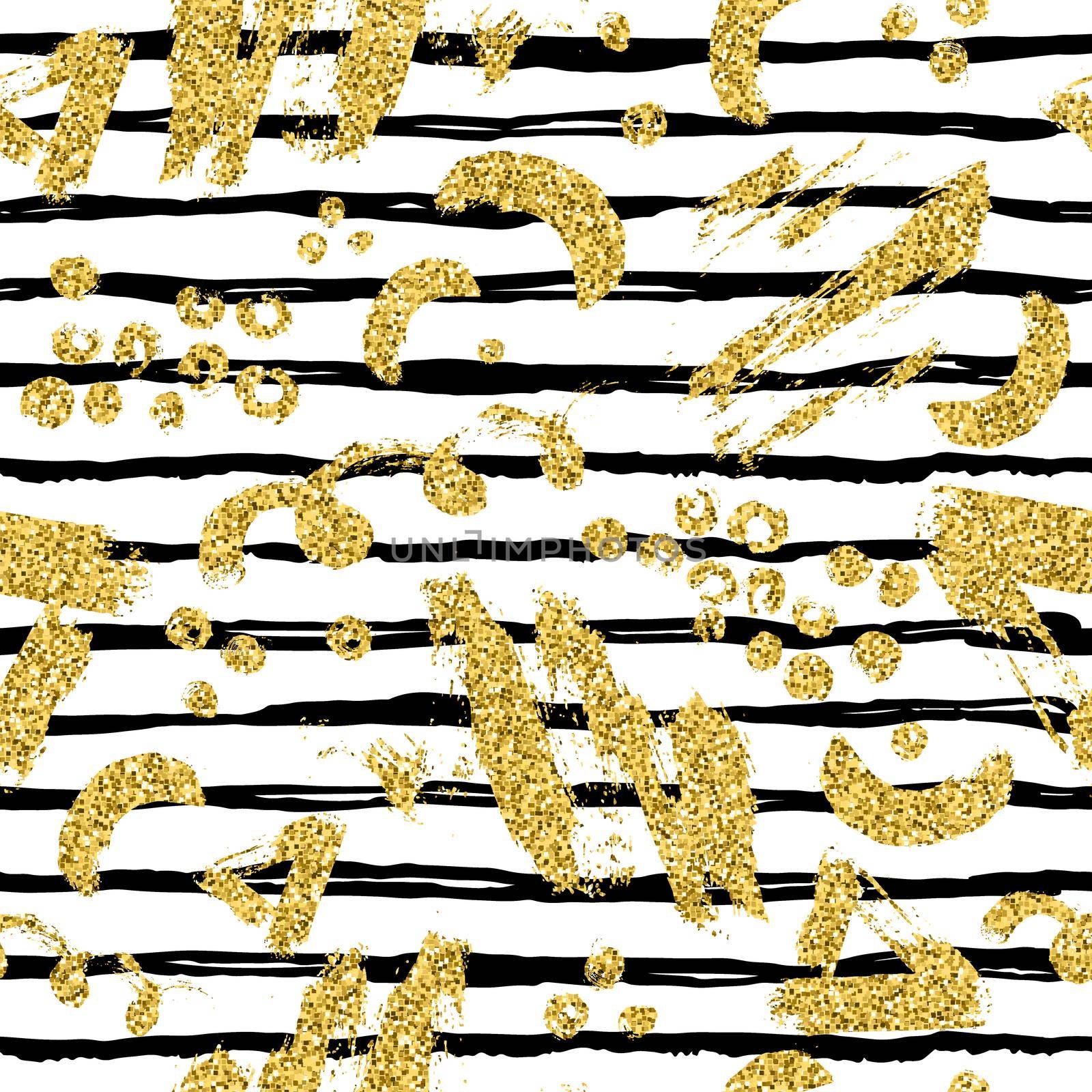 Modern seamless pattern with gold glitter brush stripe, blot and spot. Golden, black color on white background. Hand painted metallic texture. Shiny spark elements. Fashion modern style. Repeat print. by DesignAB
