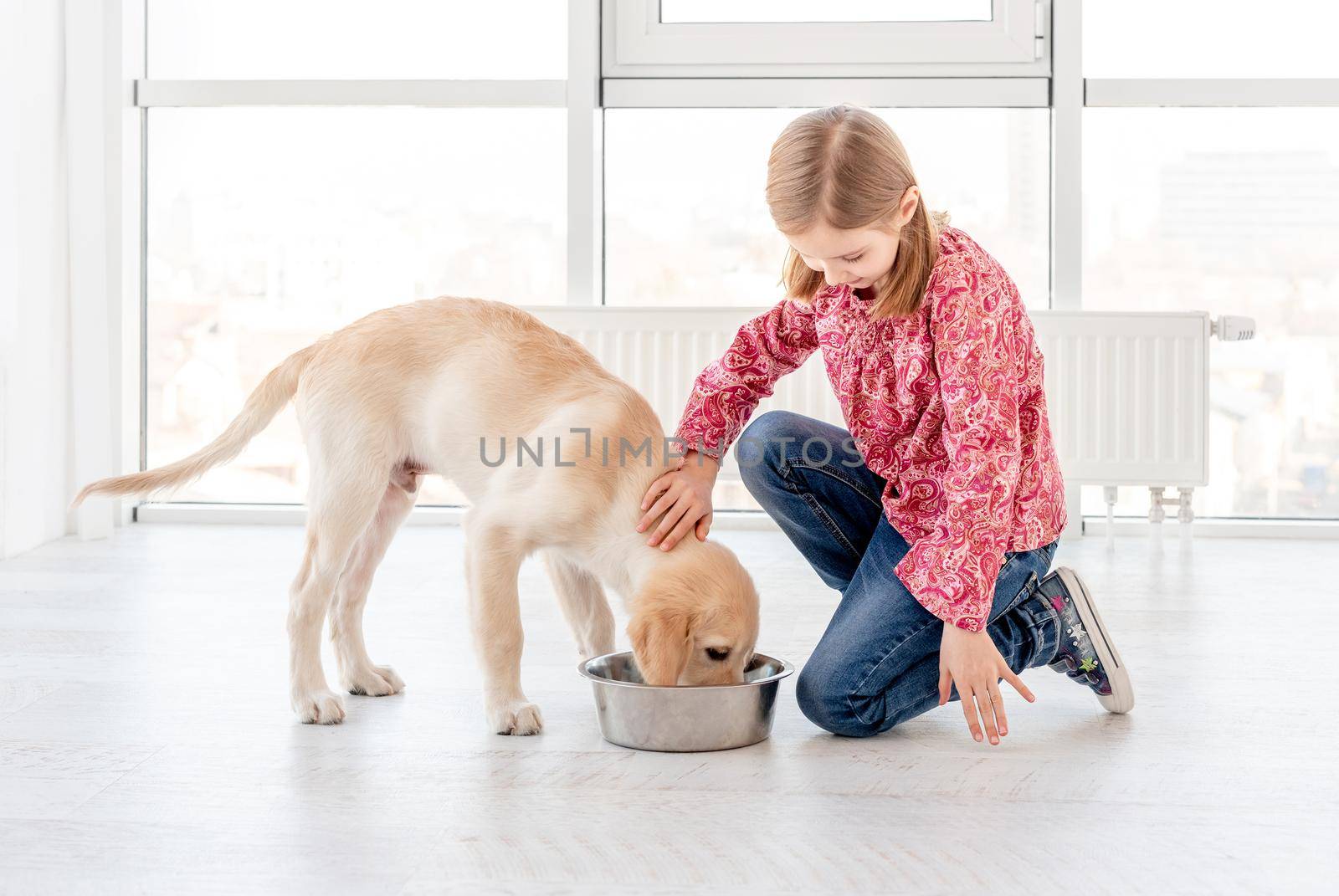 Girl giving food to dog by tan4ikk1