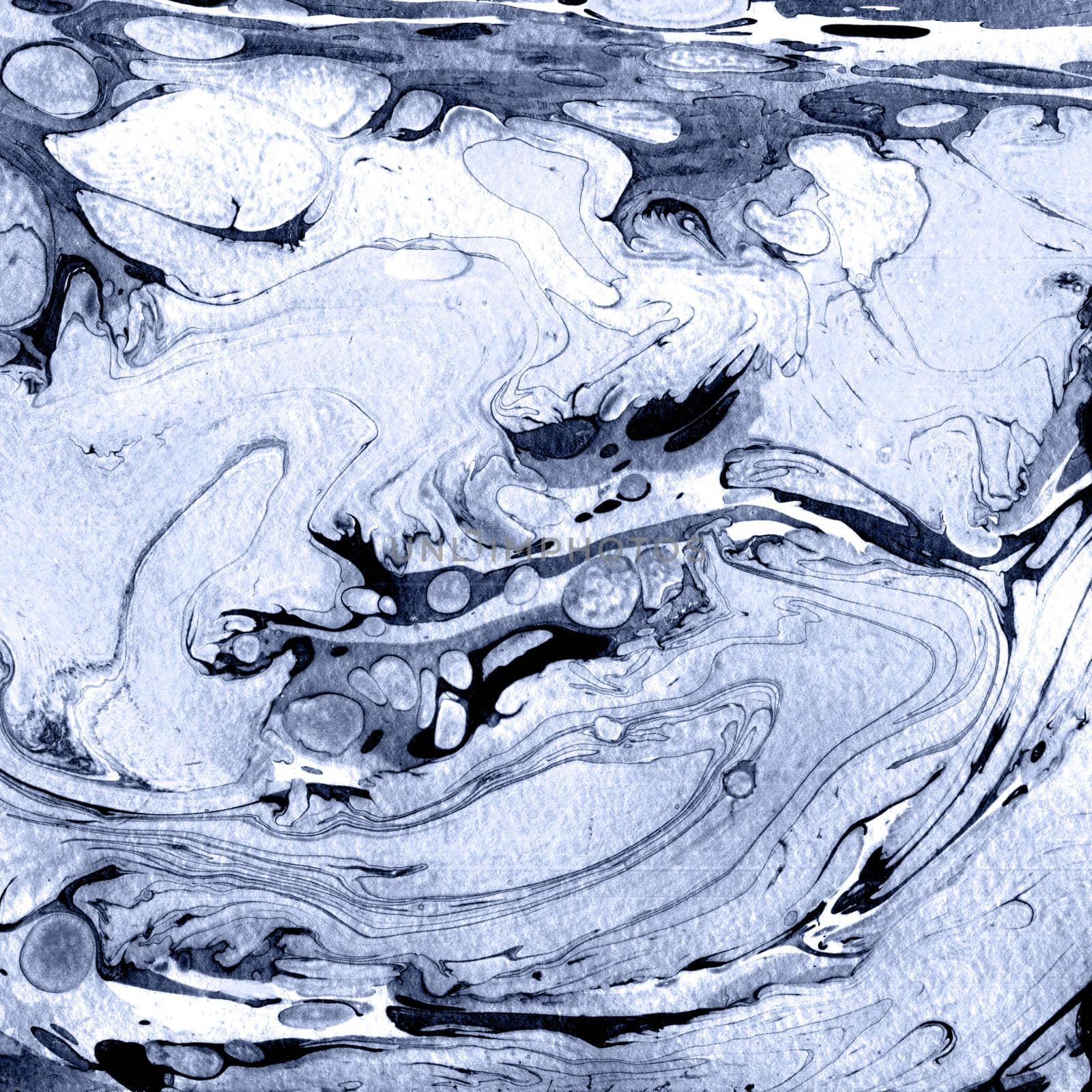 Handmade marble texture. Fluid paints. Can be used for print, background, textile, design of posters, cards, wallpapers. Modern artwork. Marbling drawing brush. White , blue colours.