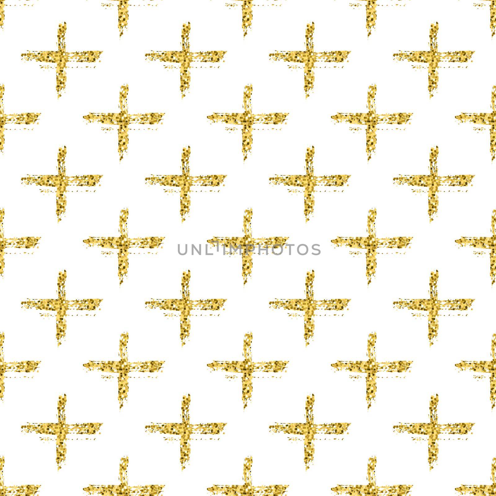 Modern seamless pattern with brush shiny cross. Gold metallic color on white background. Golden glitter texture. Ink geometric elements. Fashion catwalk style. Repeat fabric cloth print. by DesignAB