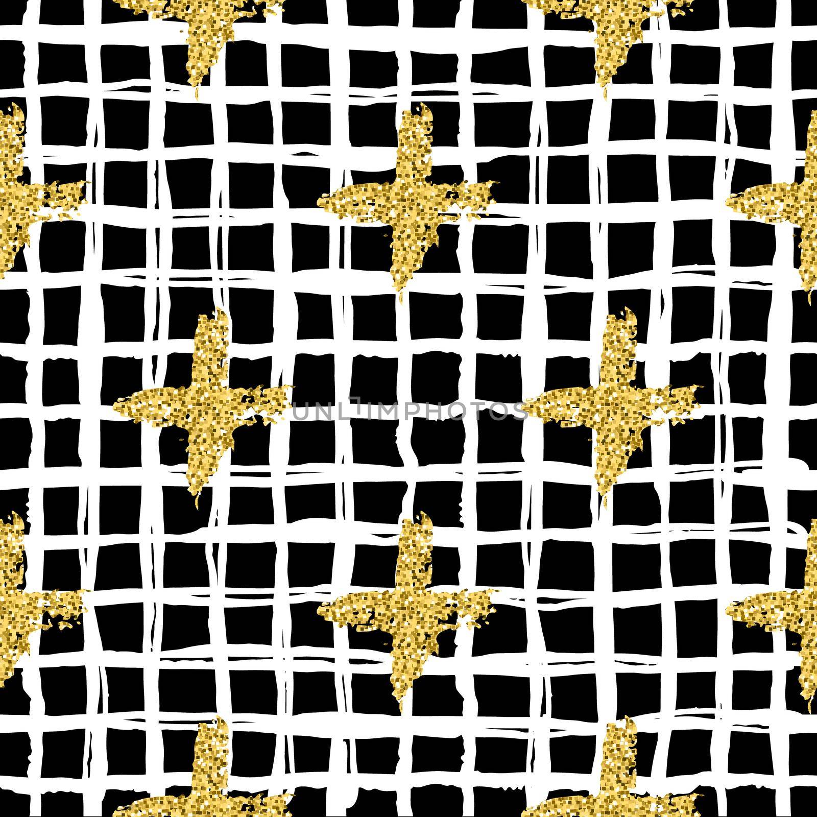 Modern seamless pattern with brush stripes plaid and cross. White, gold metallic color on black background. Golden glitter texture. Ink geometric elements. Fashion catwalk style. Repeat fabric cloth by DesignAB