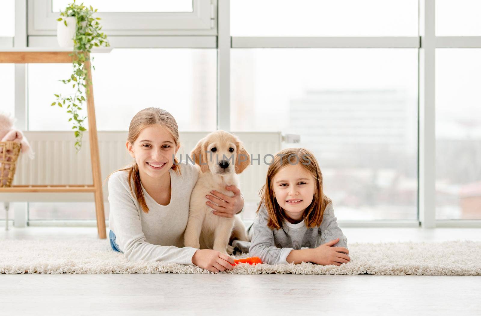 Happy friends and young golden retriever lying on floor in light room
