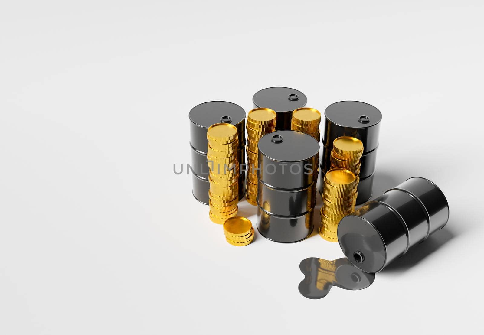 Oil barrels with gold coins around them and a spilled barrel. 3d rendering