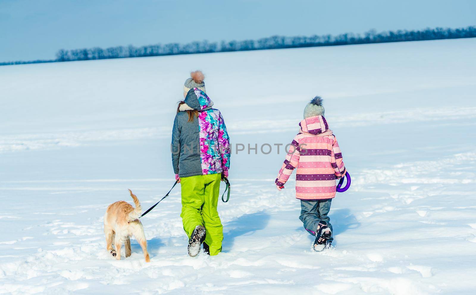 Rear view of sisters walking with dog on leash in winter