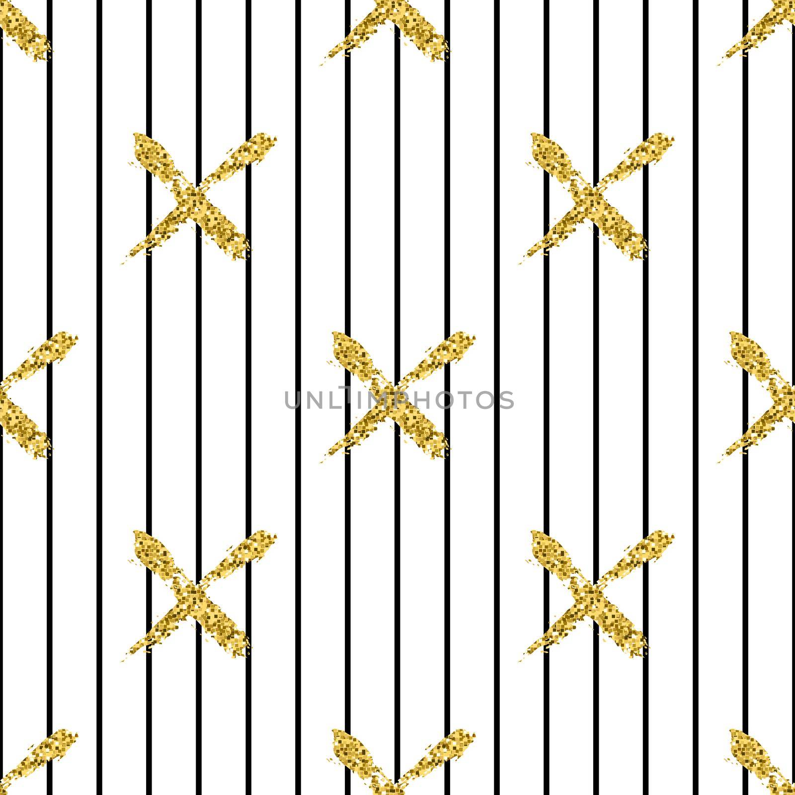 Modern seamless pattern with brush stripes and cross.Black, Gold metallic color on white background. Golden glitter texture. Ink geometric elements. Fashion catwalk style. Repeat fabric cloth print