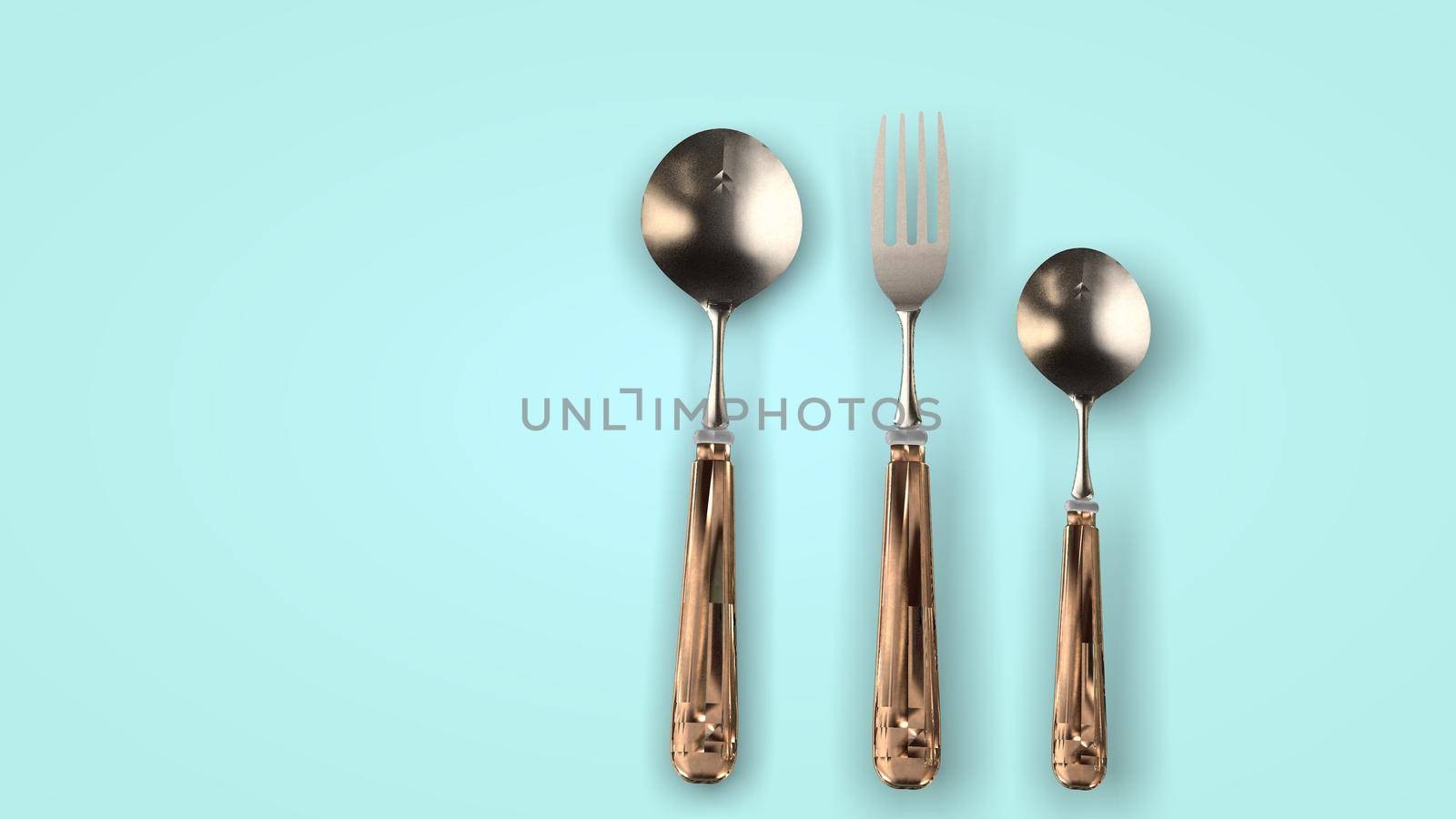 Steel cutlery on a light background, rotation. 3D rendering by TIS