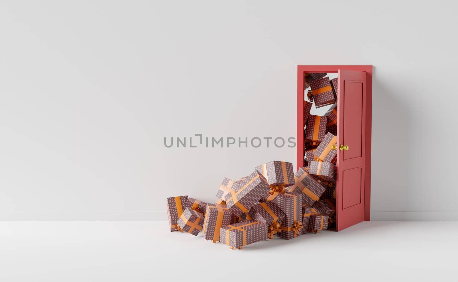 open door with lots of presents coming in. concept of festivities, christmas shopping and abundance of gifts. 3d rendering