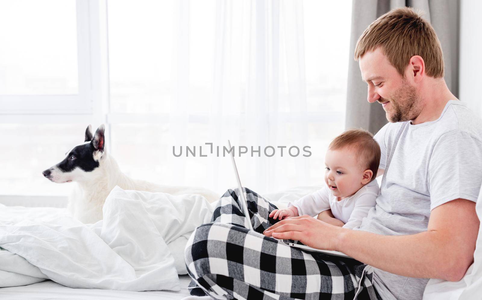 Young father sitting in the bed with little son and cute dog and working on notebook. Man freelancer staying in the bedroom with his child boy and pet doggy in the morning time