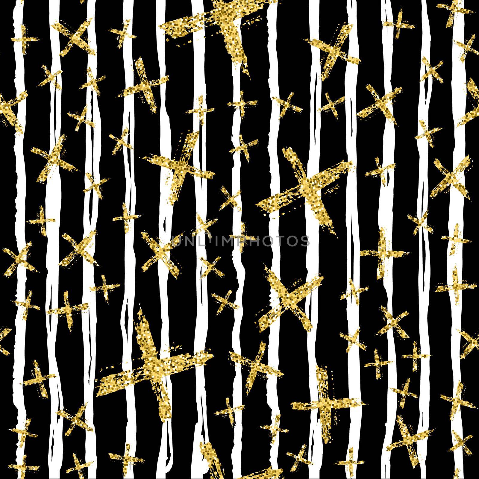 Modern seamless pattern with brush stripes and cross. White, gold metallic color on black background. Golden glitter texture. Ink geometric elements. Fashion catwalk style. Repeat fabric cloth print