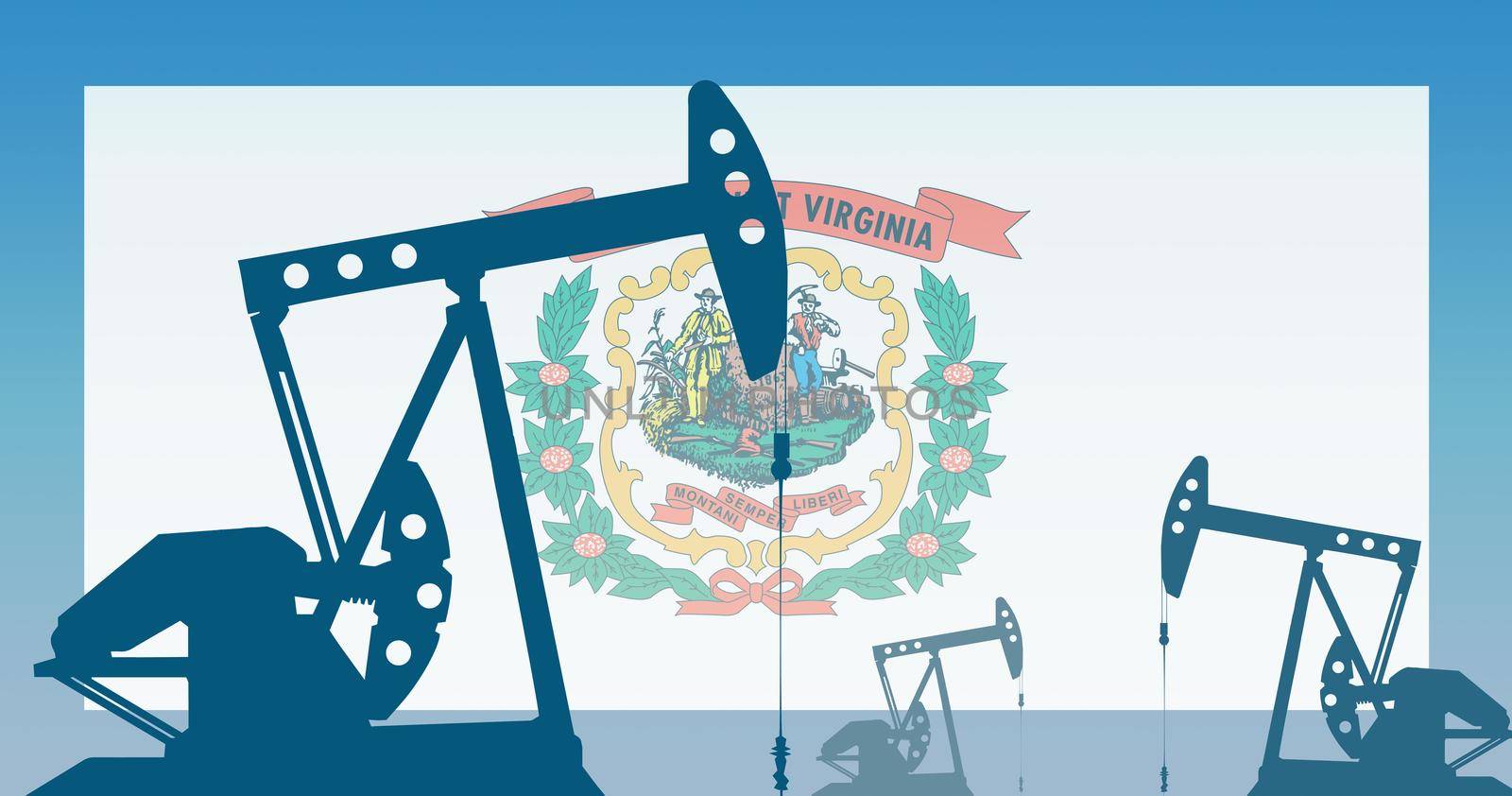 silhouette of oil pump against flag of West Virginia state USA. Extraction grade crude oil and gas. concept of oil fields and oil companies, hydrocarbon market, industry