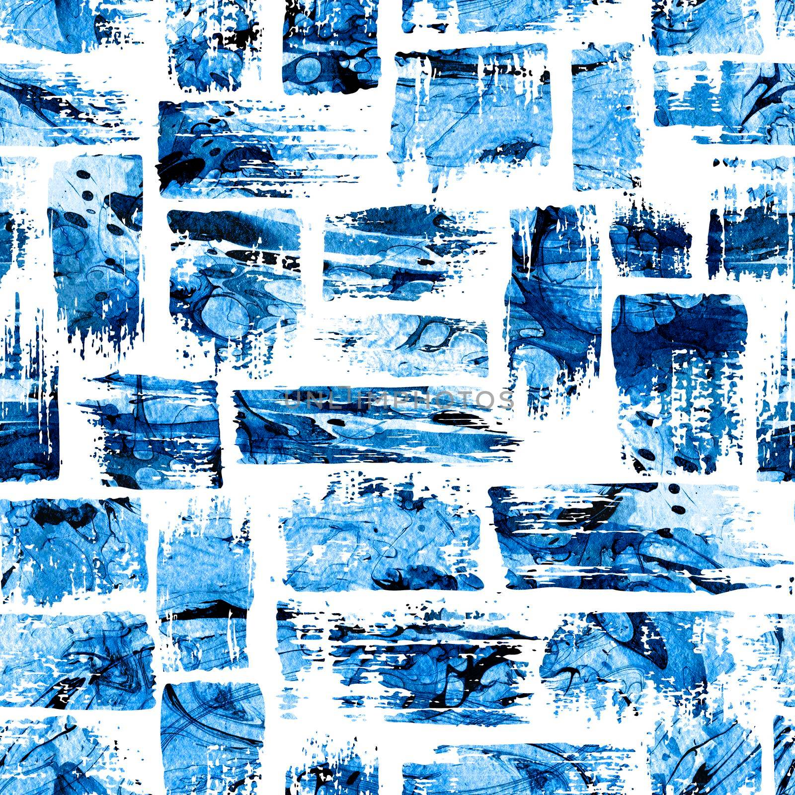 Watercolor seamless pattern with brush stripes and strokes. Blue color on white background. Hand painted grange texture. Ink geometric elements. Fashion modern style. Endless fabric print.