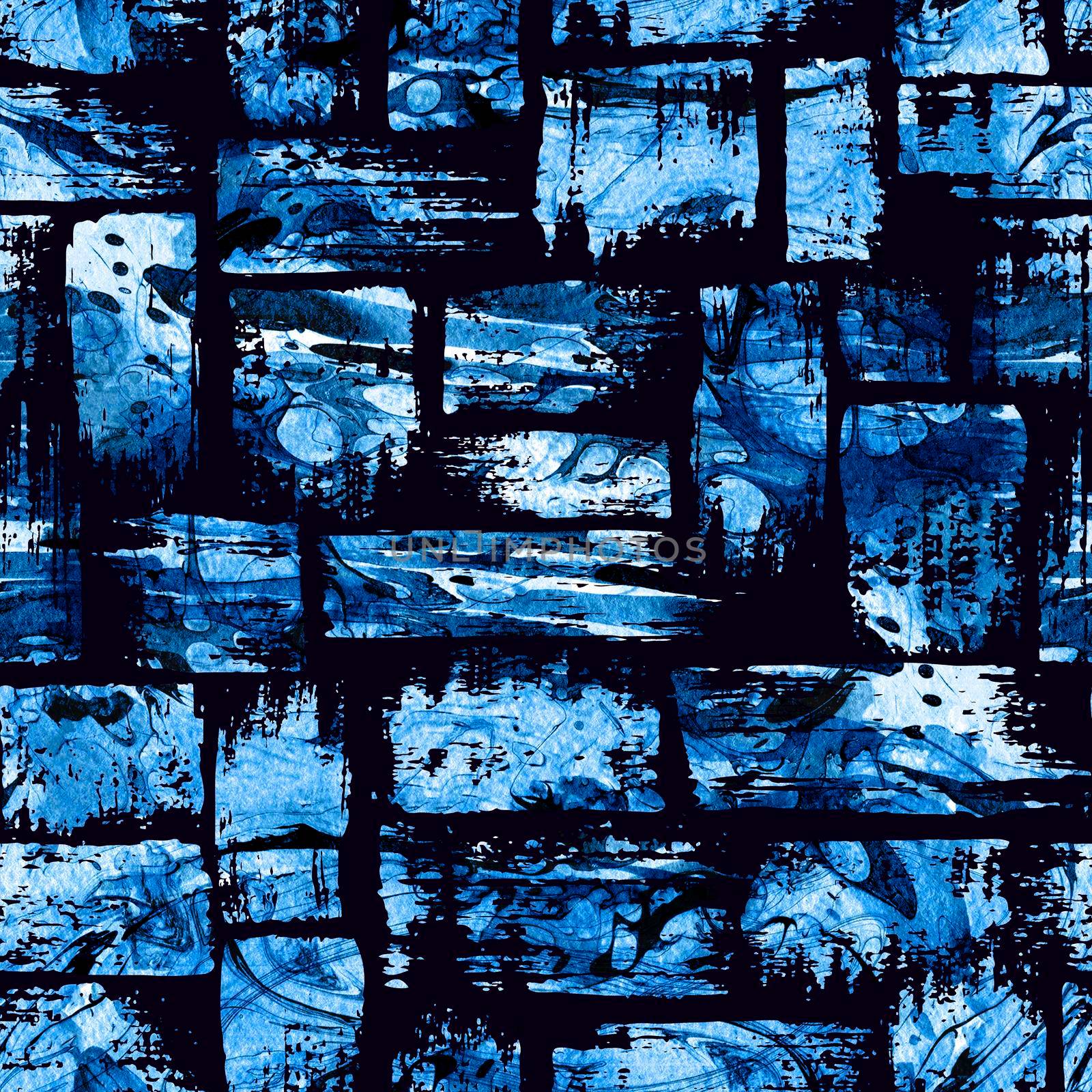 Watercolor seamless pattern with brush stripes and strokes. Blue color on dark background. Hand painted grange texture. Ink geometric elements. Fashion modern style. Endless fabric print