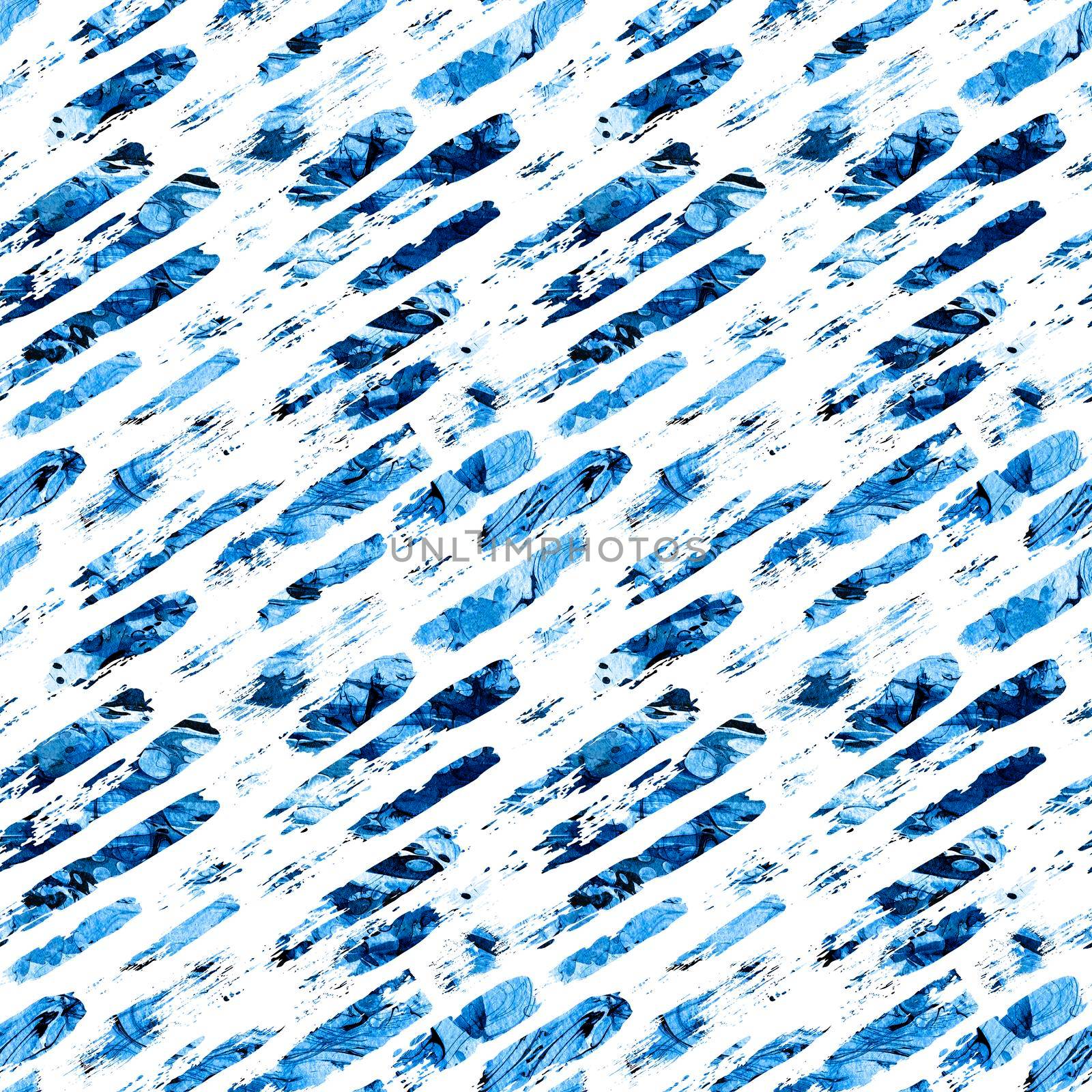 Watercolor seamless pattern with brush stripes and strokes. Blue color on white background. Hand painted grange texture. Ink geometric elements. Fashion modern style. Endless fabric print. Retro