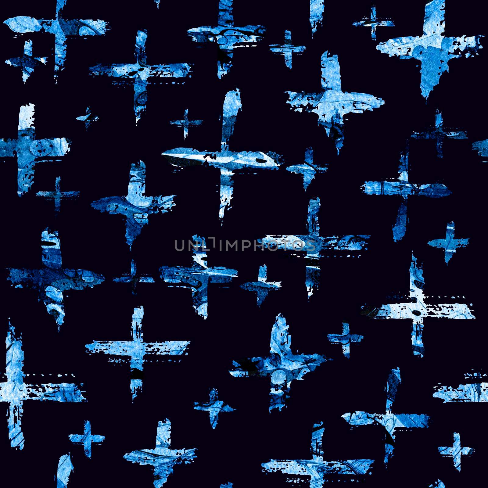 Watercolor seamless pattern with brush cross and strokes. Blue color on dark background. Hand painted grange texture. Ink geometric elements. Fashion modern style. Endless fabric print. by DesignAB