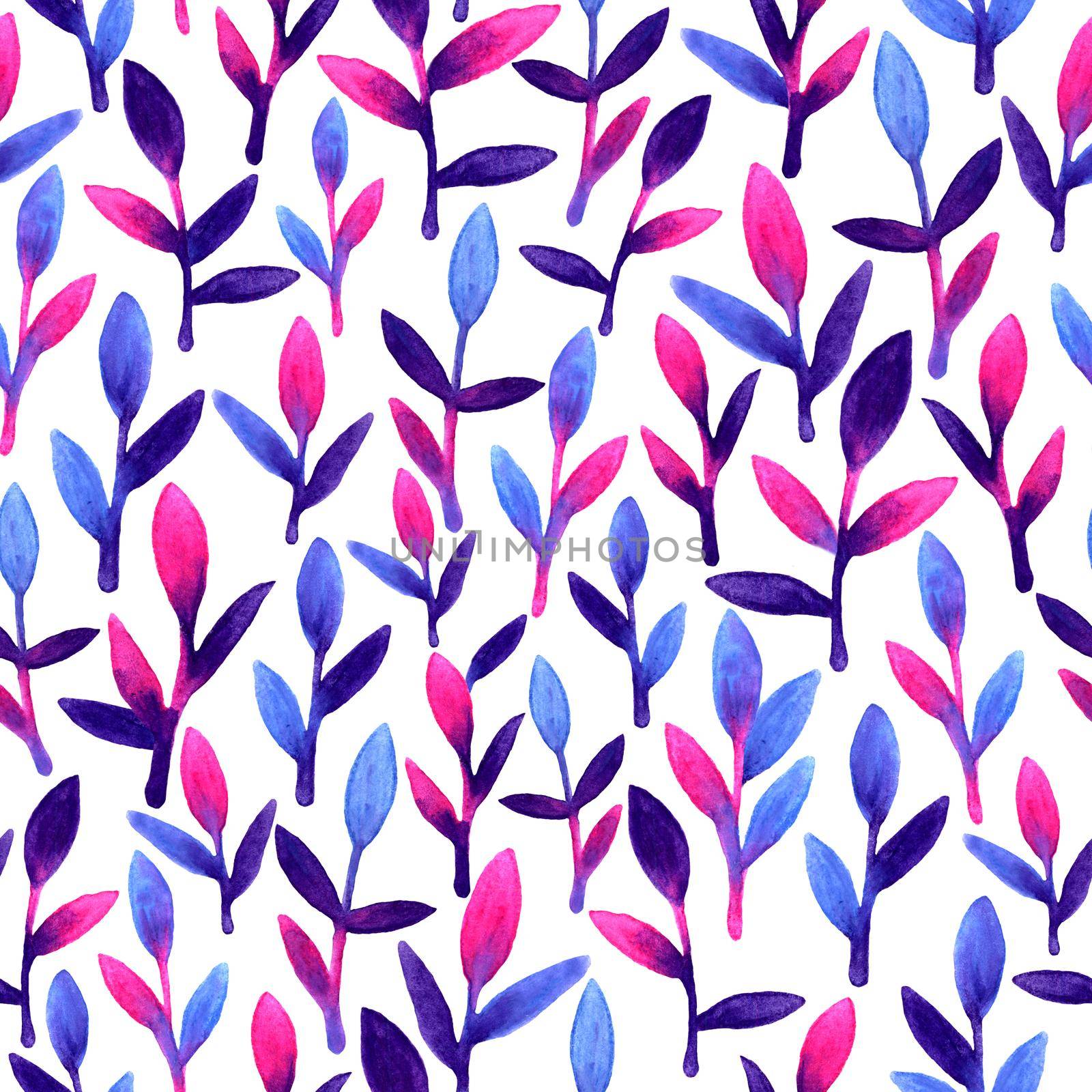 Simple and cute floral seamless pattern. Pink, blue and violet spring leaves hand painted with watercolor Nature drawing leaf on white background. Art bright backdrop wallpaper. Beautiful colors brush by DesignAB