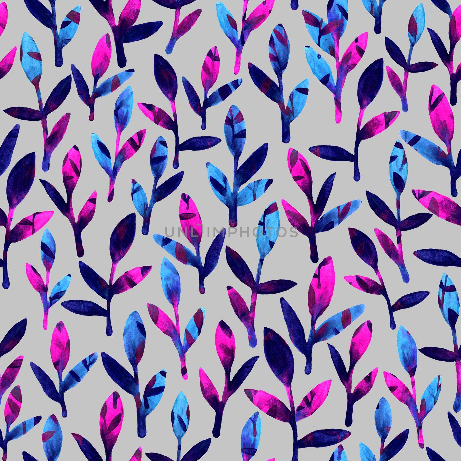 Simple and cute floral seamless pattern. Pink, blue and violet spring leaves hand painted with watercolor. Nature drawing leaf on grey background. Art bright backdrop wallpaper. Beautiful colors brush by DesignAB