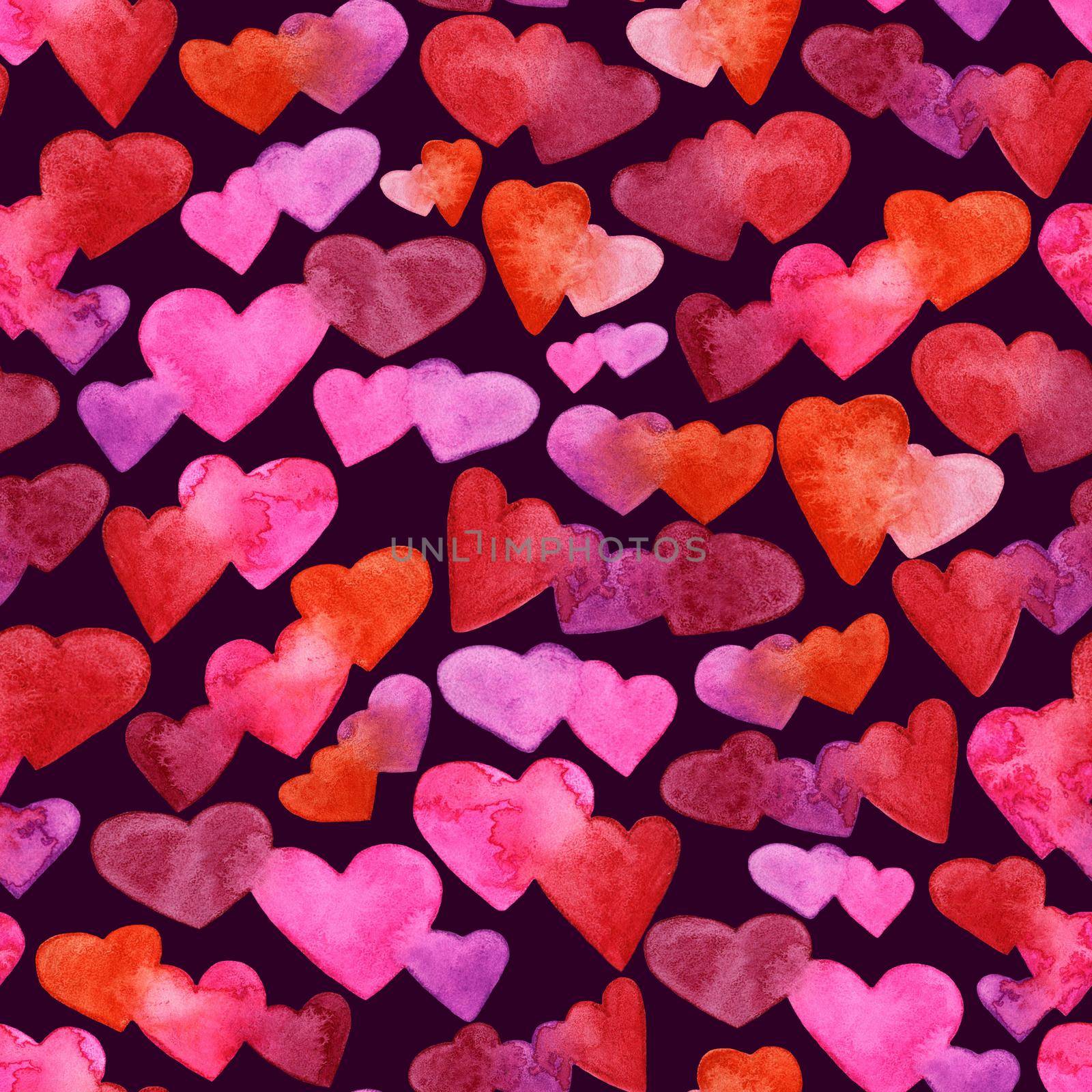 Seamless pattern with red, pink and violet watercolor hearts. romantic design. Isolated on dark background. Hand painted brush elements. Modern and teen. Love sign. Valintine Day texture. by DesignAB