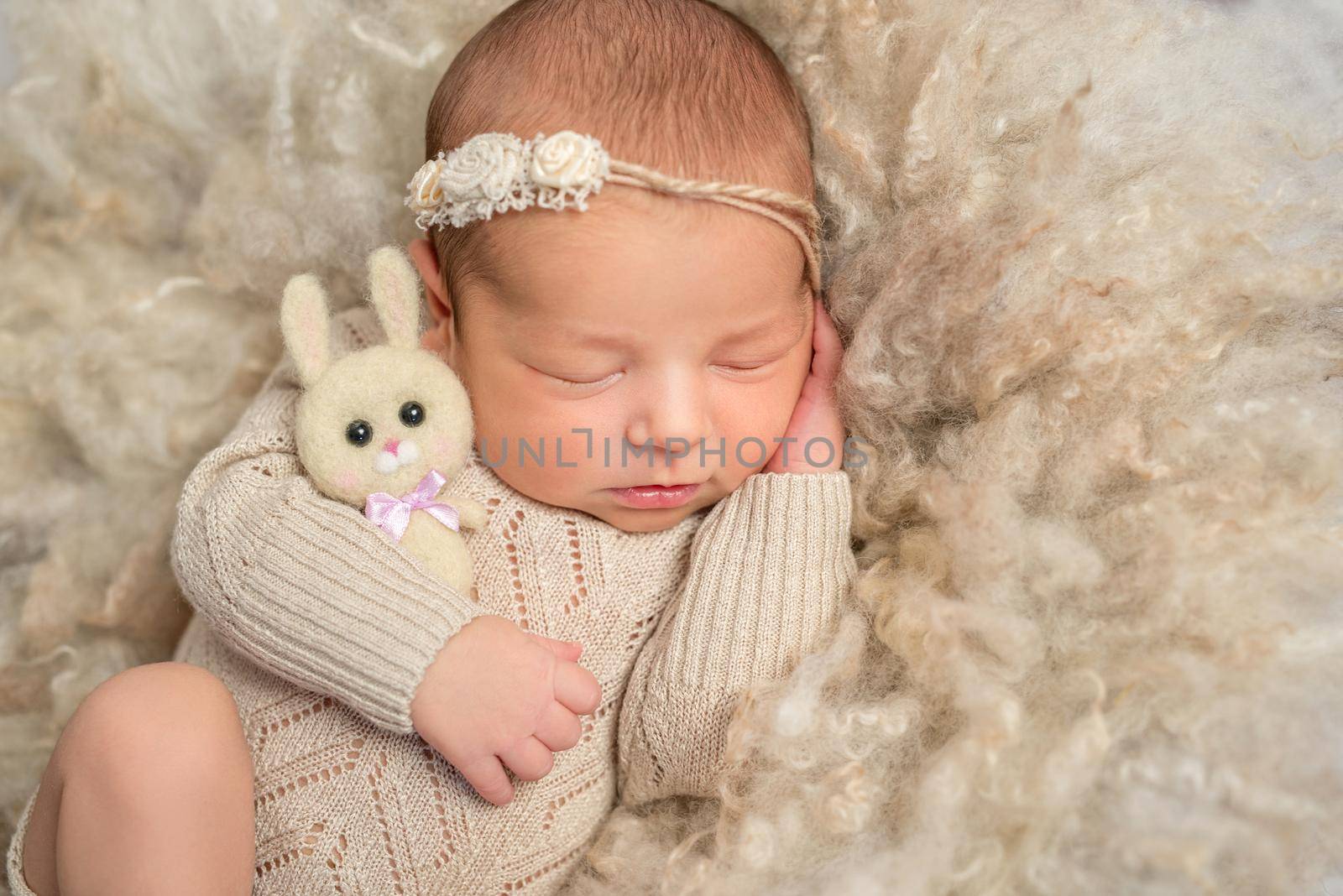 portrait of sweet sleeping newborn girl in jumpsuit with toy hare on fluffy blanket