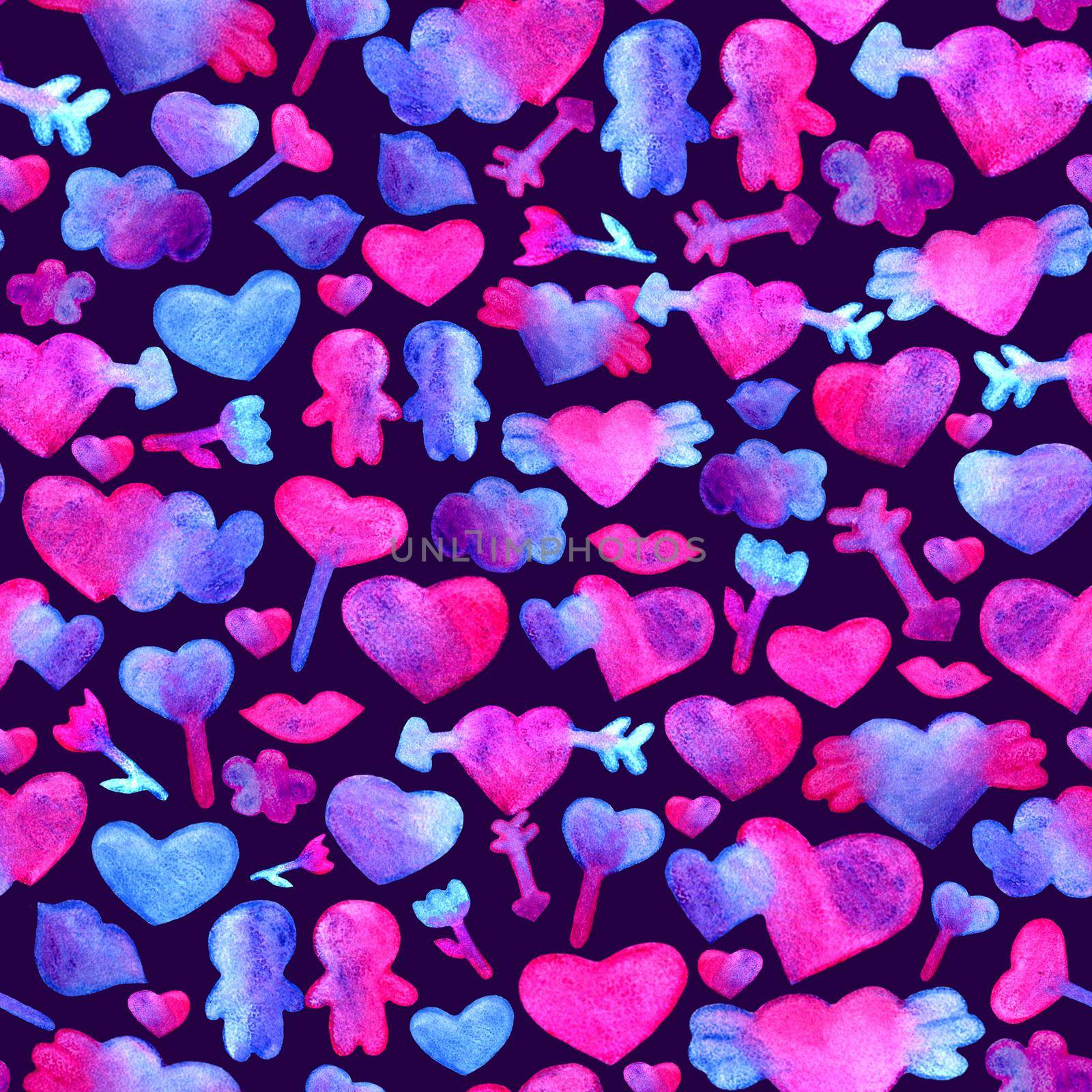 Seamless pattern with blue, pink watercolor hearts. arrow, lips, people romantic design. Isolated on violet background. Hand painted brush elements. Modern and teen. Love sign. Valintine Day texture