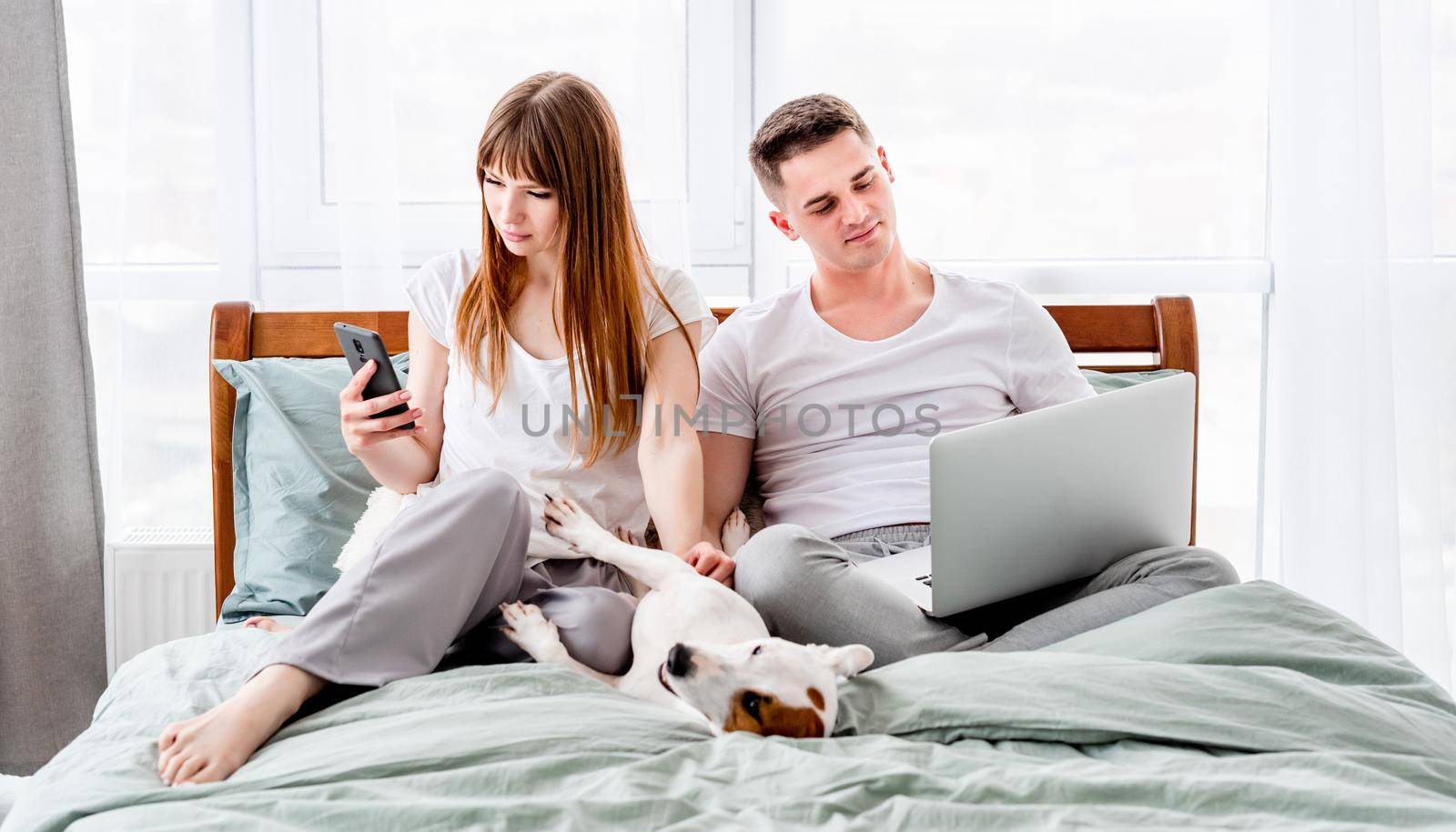 Young couple in the bed with gadgets and cute dog. Beautiful woman and man looking at laptop and smartphone and their doggy lying close to them. Family morning with pet and technologies