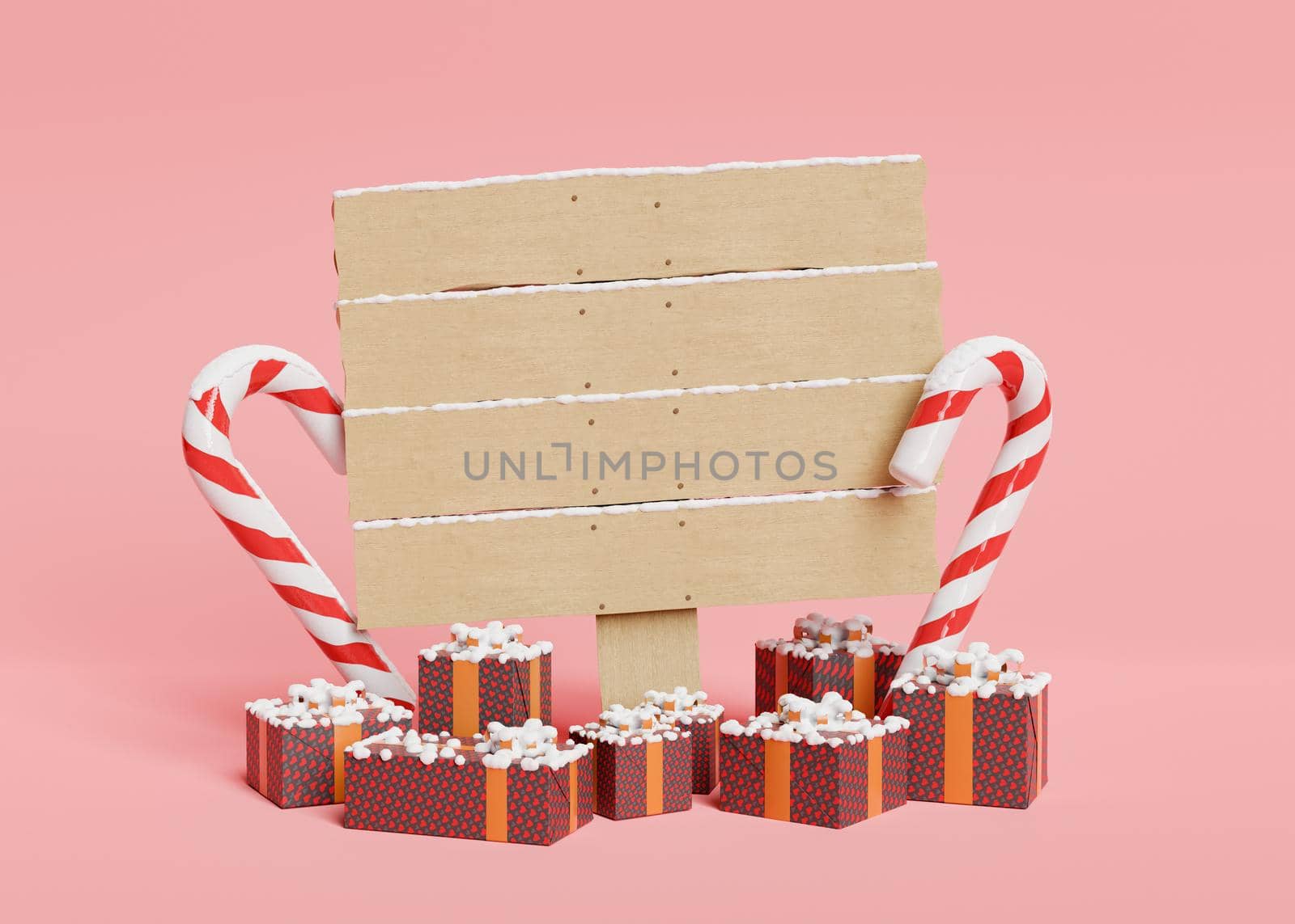 snow covered wooden plank sign with gifts and candy canes around. christmas concept. 3d rendering