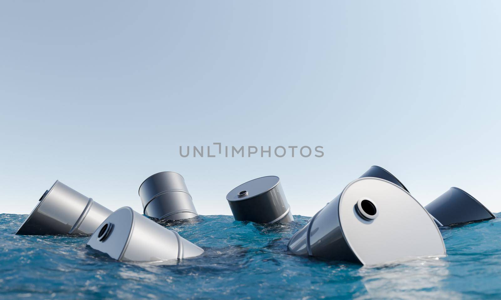 oil barrels floating on the surface of the sea. concept of pollution, environment, environmentalism. 3d rendering