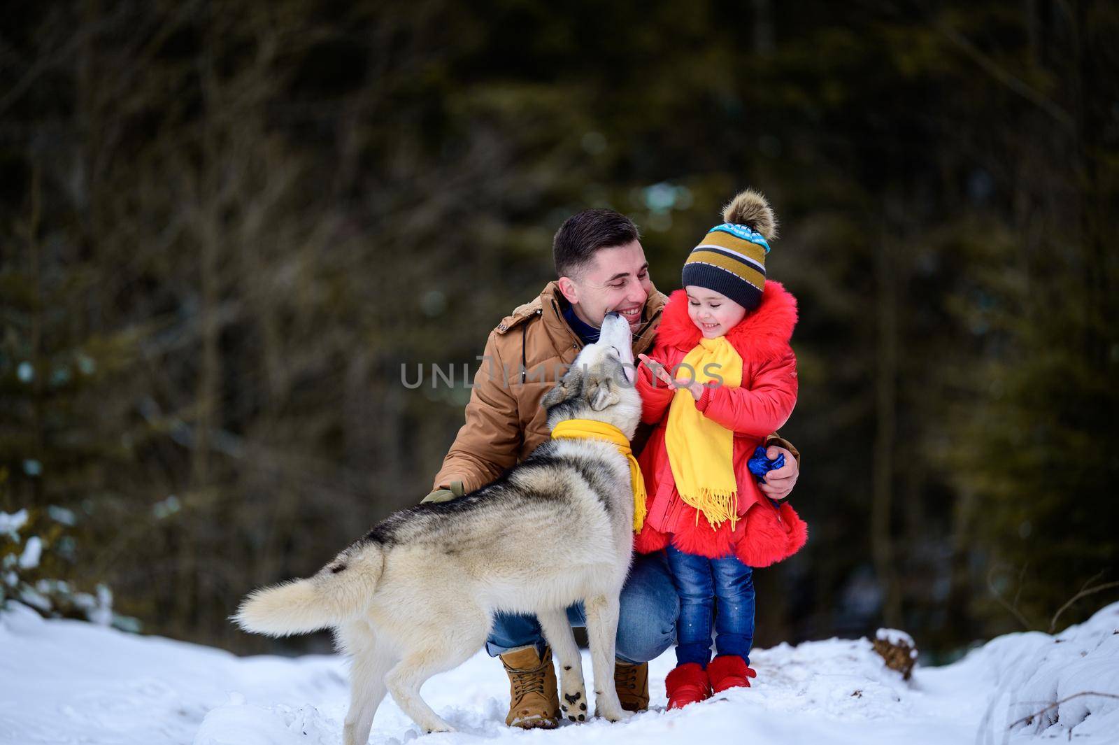 Happy father with daughter and their pet in winter park, walking with dog. by Niko_Cingaryuk