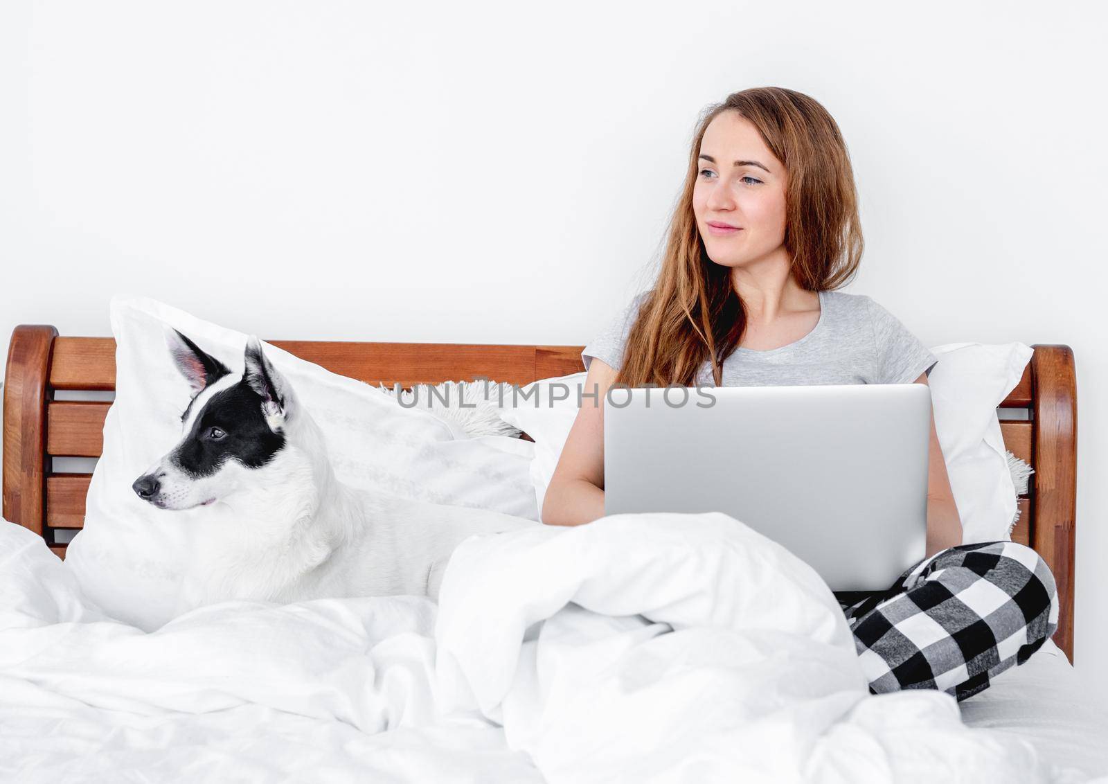 Beautiful girl wearing pajamas sitting in the bed with laptop and cute doggy lying close to her. Young woman at home and pet looking back together in morning time. Concept of freelance