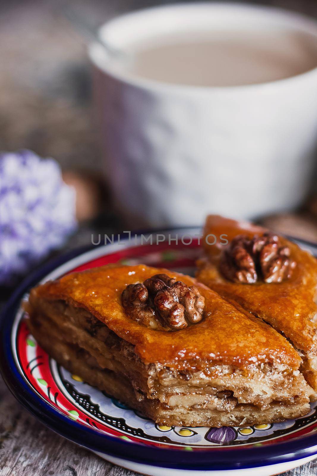 Assorted baklava. A Turkish ramadan arabic sweet dessert on a decorative plate, with coffee cup in the background. Middle eastern food baklava with nuts and honey syrup by mmp1206