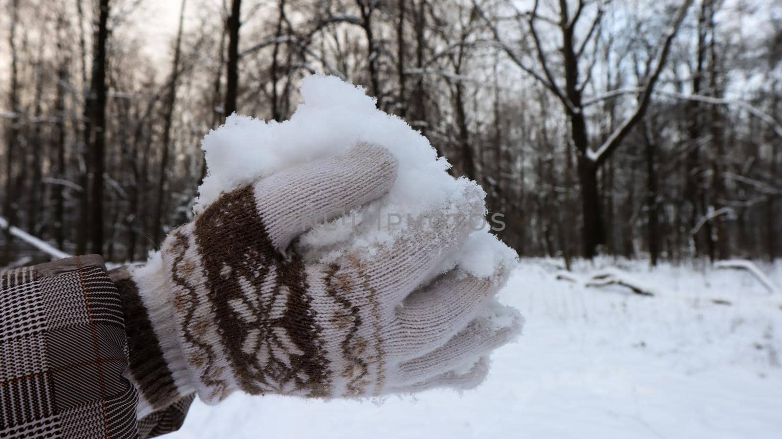 Women's hands in knitted mittens hold natural soft white snow outside on a winter day. Joyful winter time. Hand holds cold snow. Spending time in nature in winter