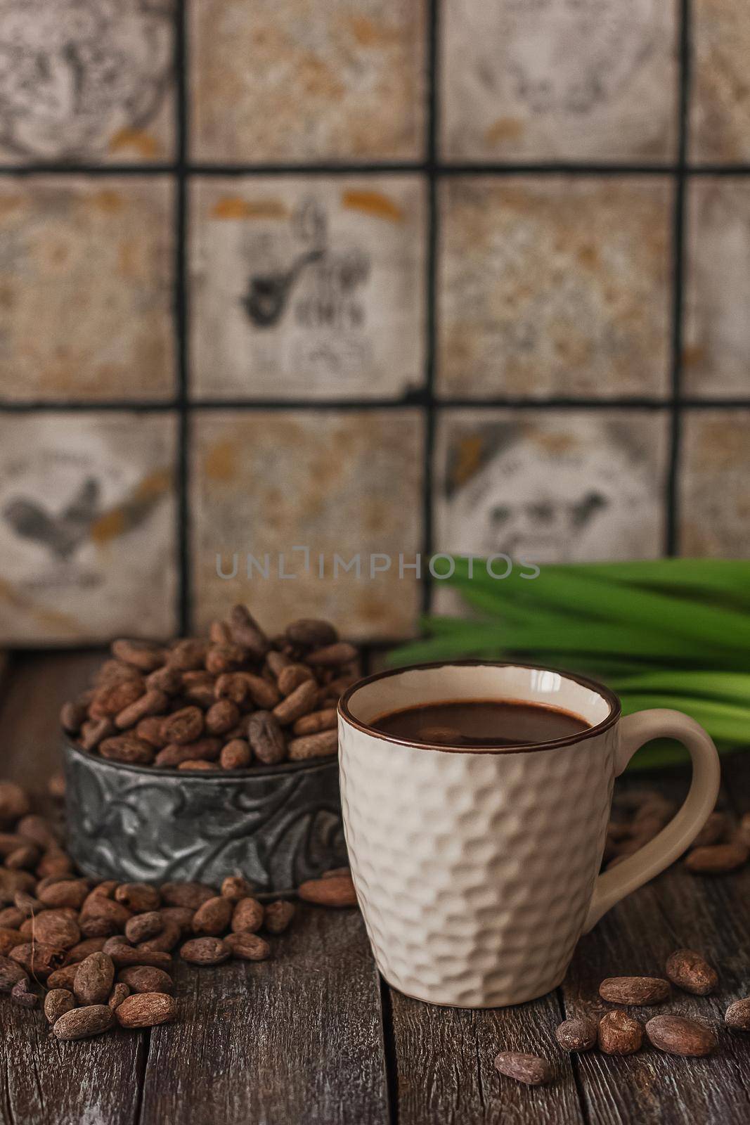 Hot chocolate drink in a white cup, chocolate cubes, cinnamon sticks and coffee bean on the dark wooden background. by mmp1206