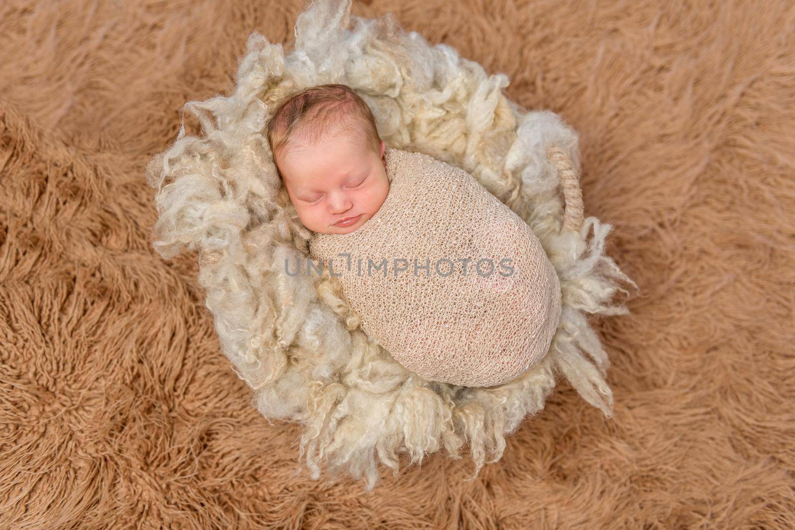 sweet sleeping swaddled newborn on fluffy terry blanket, top view