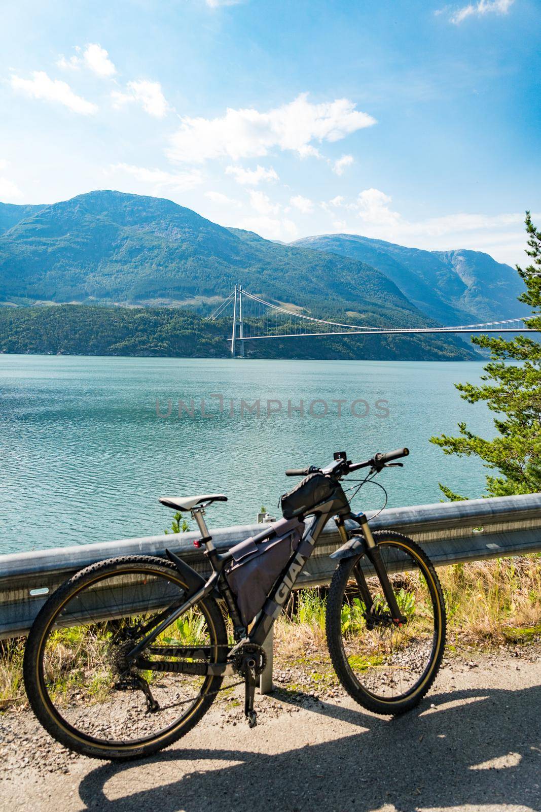 Theme of mountain biking in Scandinavia. human tourist in helmet and sportswear on bicycle in Norway on Hardanger Bridge suspension bridge thrown across the Hardanger Fjord in southwestern Norway.