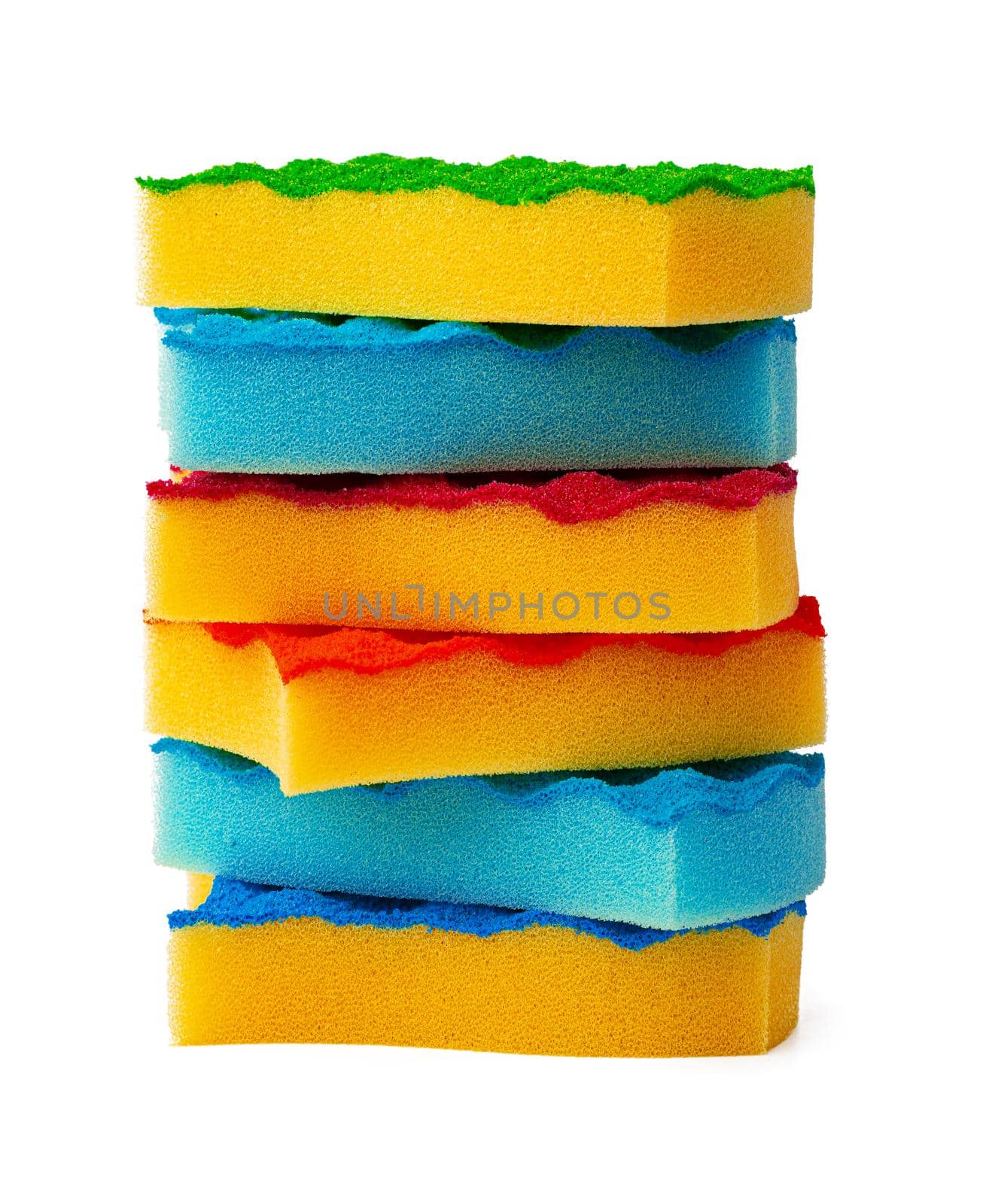 Stack of kitchen sponges isolated on white background, close up