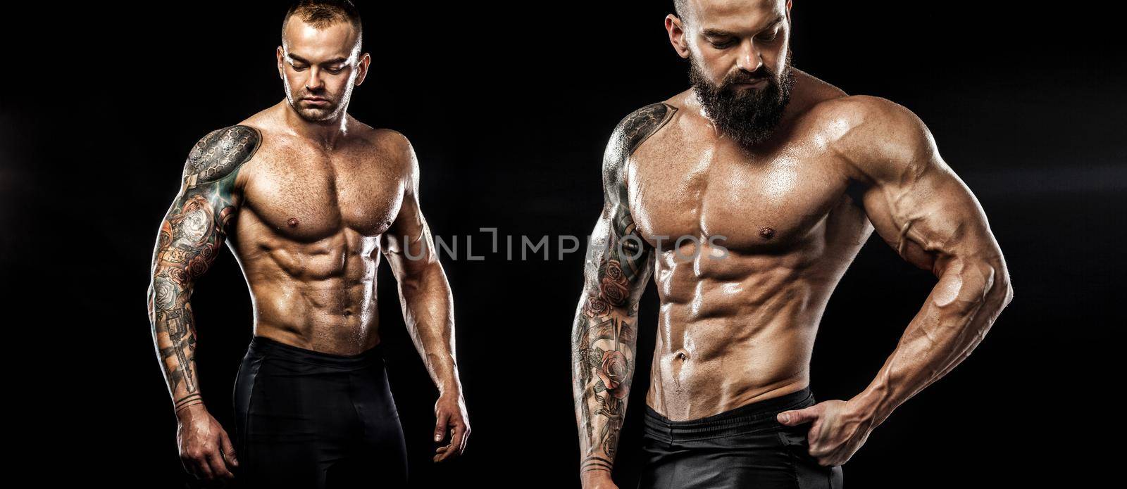 Tattoo man bodybuilder. Action shot with copy space.