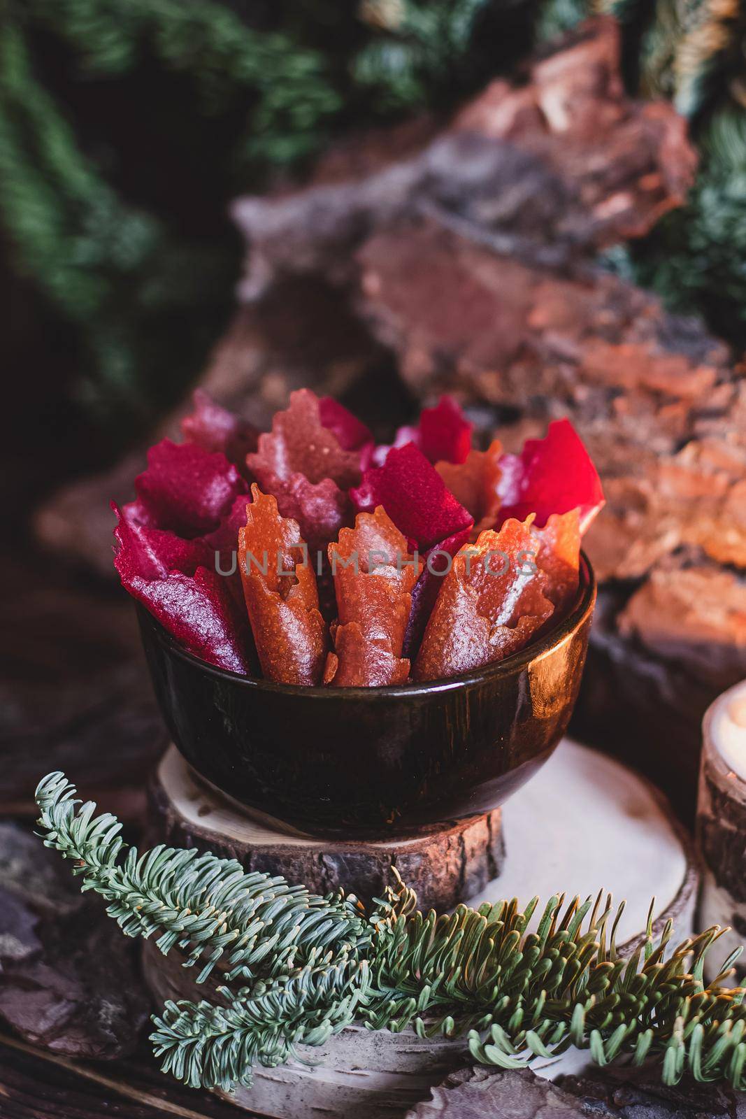 Fruit rolls pastille. Apple candy rolls, chips. Shredded and dried fruits. Useful sweetness. Food dessert. Homemade snack. Degidrated fruits. Natural and healthy, Sugar-Free, nutrition.