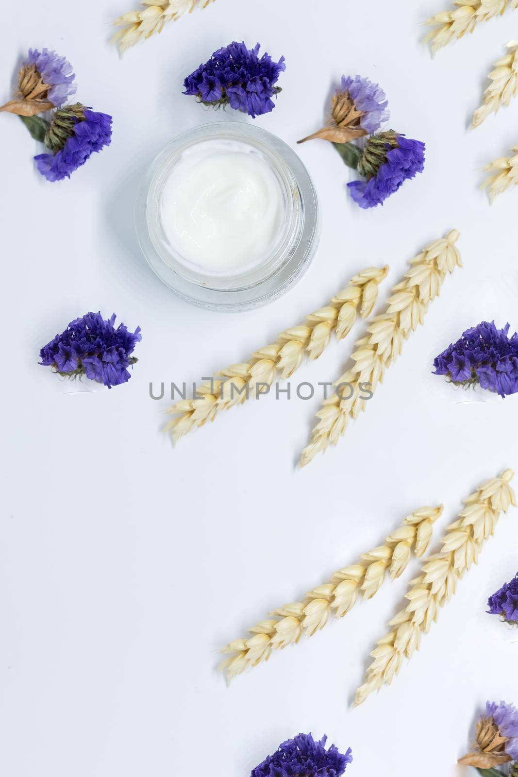 Cosmetic cream with blossom, top view isolated on white background. Luxurious cosmetics and makeup concept.