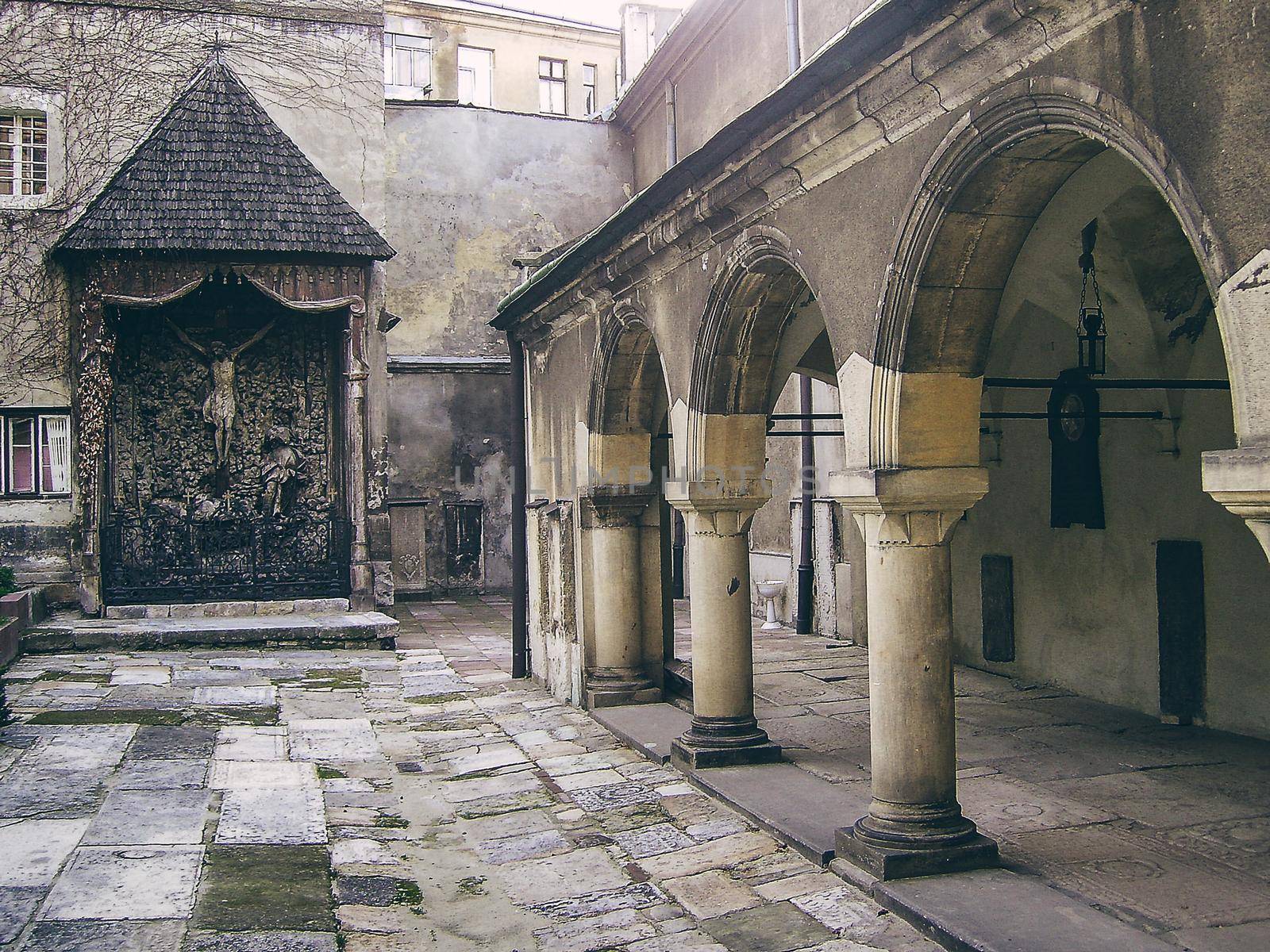 Narrow courtyards in the city, the old stone road. Street in the city of Lviv Ukraine