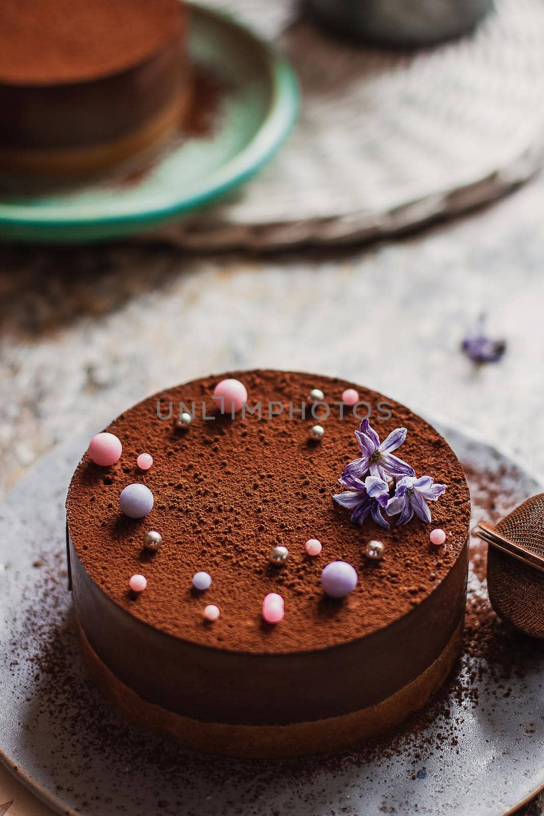 Plate with slice of tasty homemade chocolate cake on table.