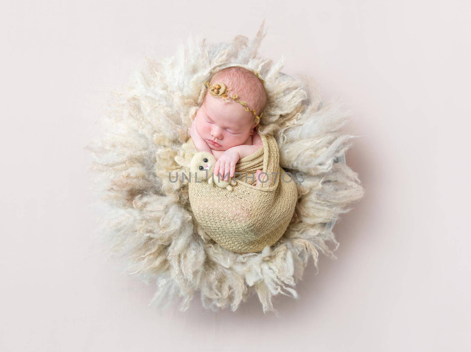 Adorable infant girl sleeping swaddled with her tiny brown toy of a rabbit, topview