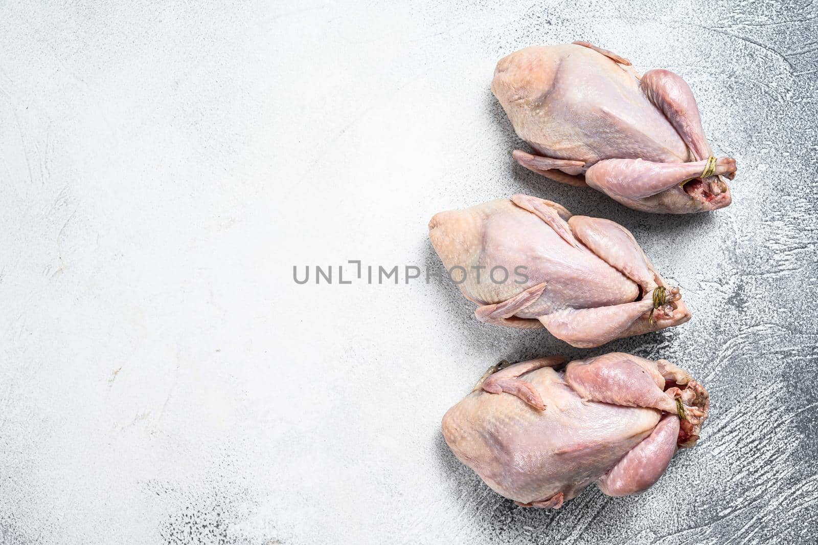 Raw quails on a kitchen table. White background. Top view. Copy space by Composter