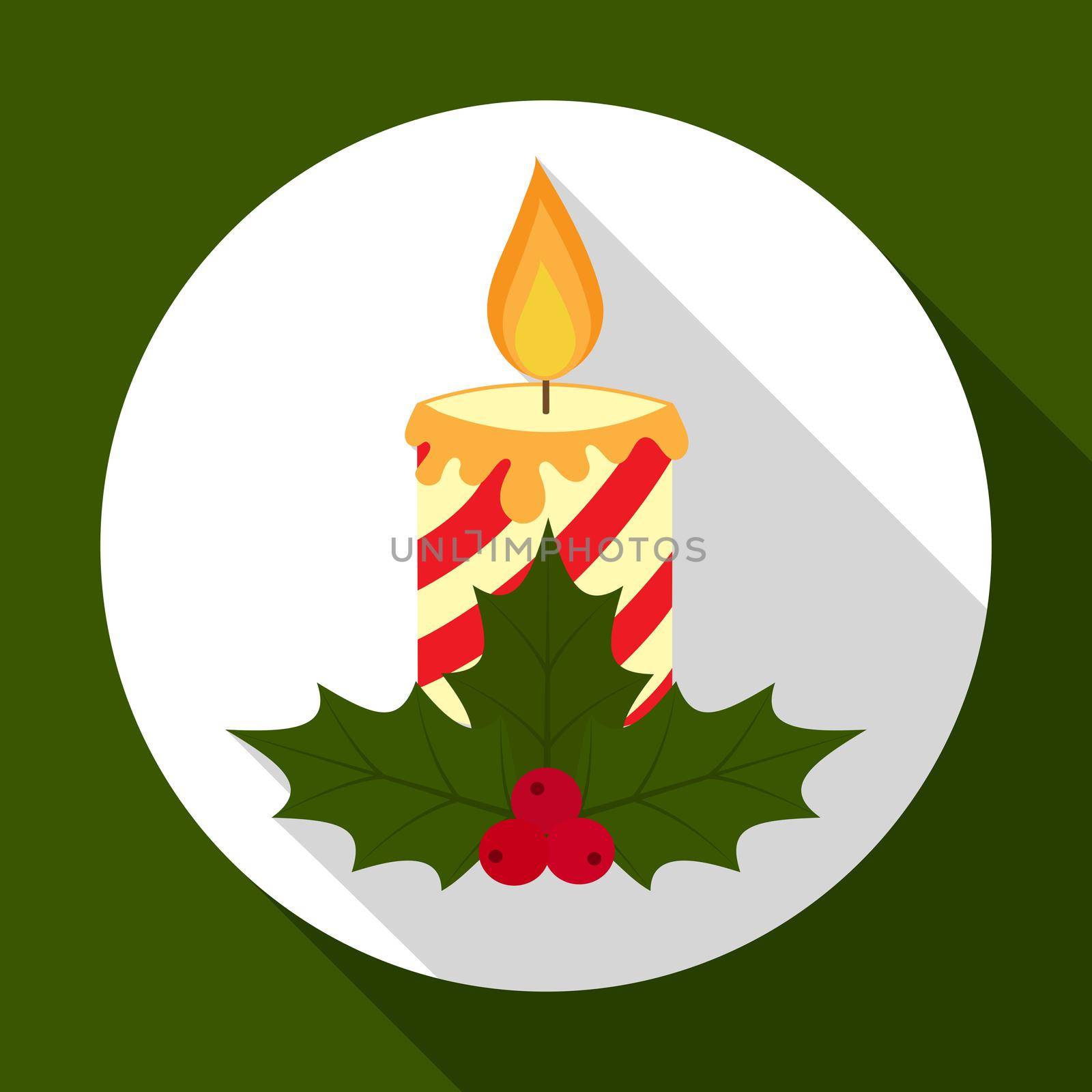 Christmas Candle icon on green background with long shadow. illustration for Christmas and New Year greeting card. Flat design style. .