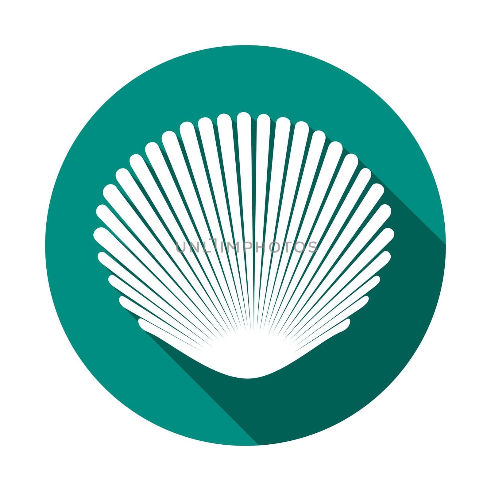 White seashell on turquoise round background. Flat icon with long shadow. Raster version.