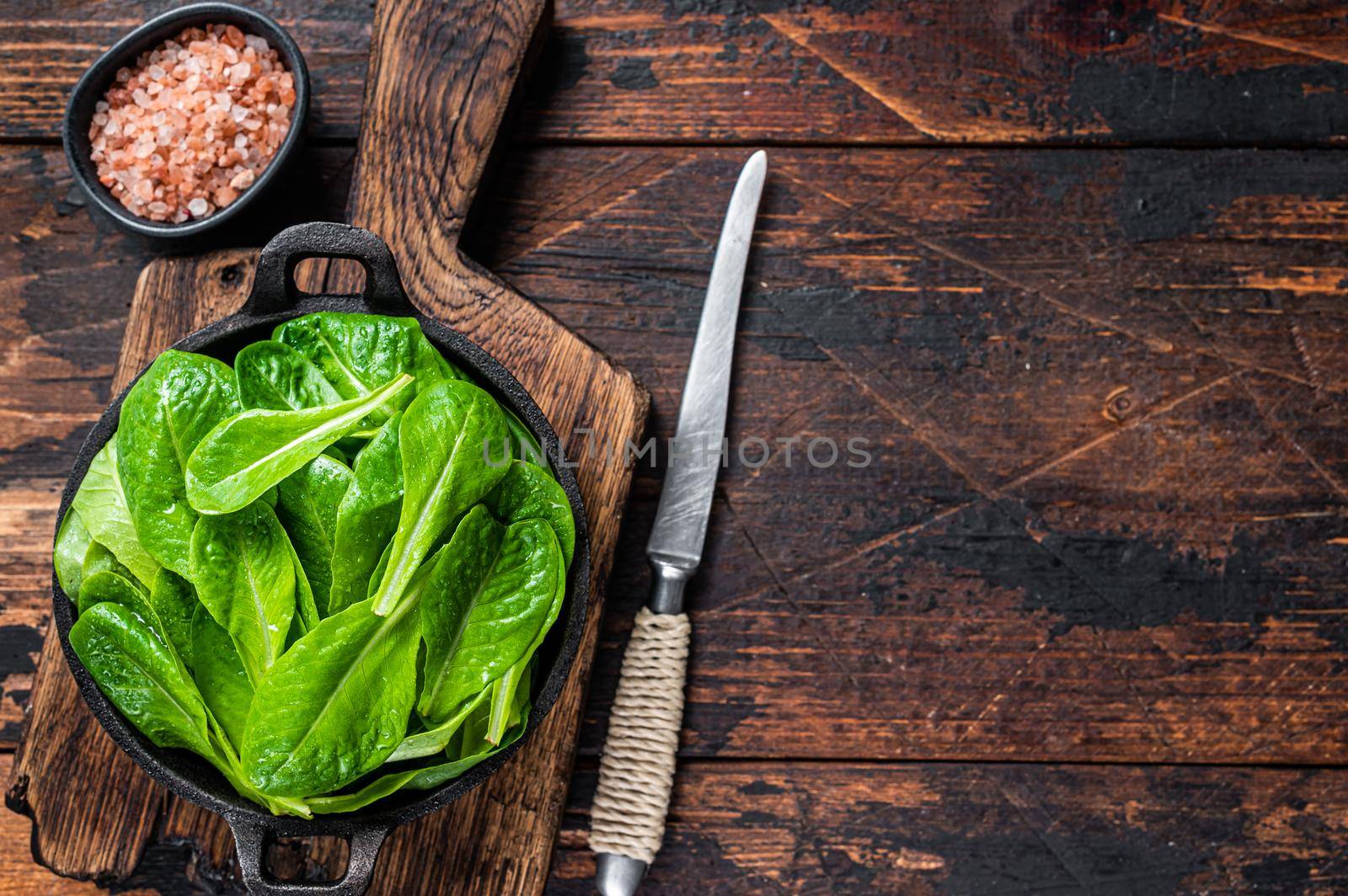 Baby romain green salad leaves in pan. Dark wooden background. Top view. Copy space by Composter