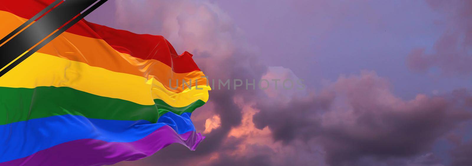 national flag of lgbt Pride with Mourning Ribbon. memory of victims of war, terrorist attack, coronavirus. Black funeral ribbon on flag Honoring memory of victims. 3D illustration.