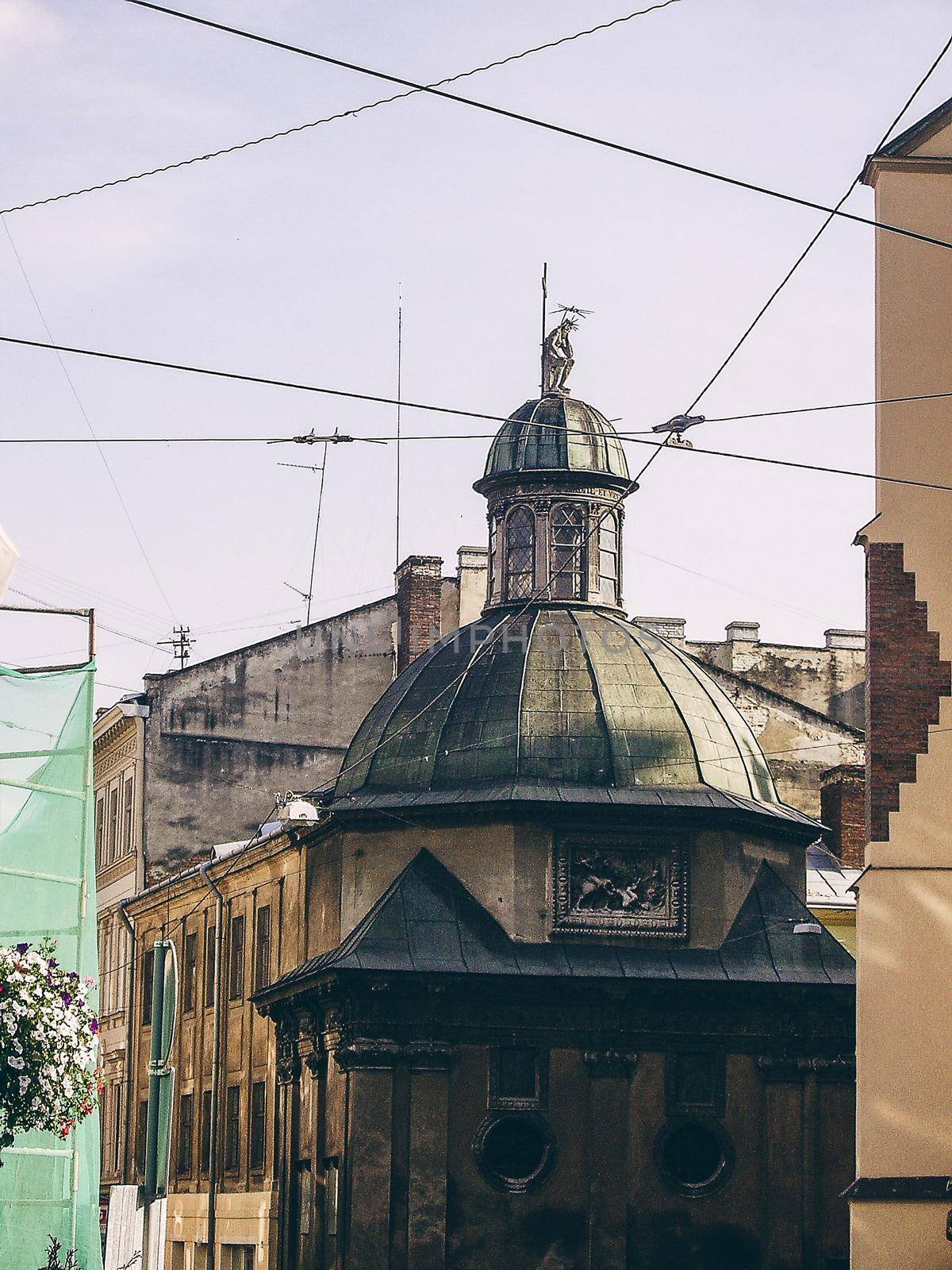 Narrow courtyards in the city, the old stone road. Street in the city of Lviv Ukraine