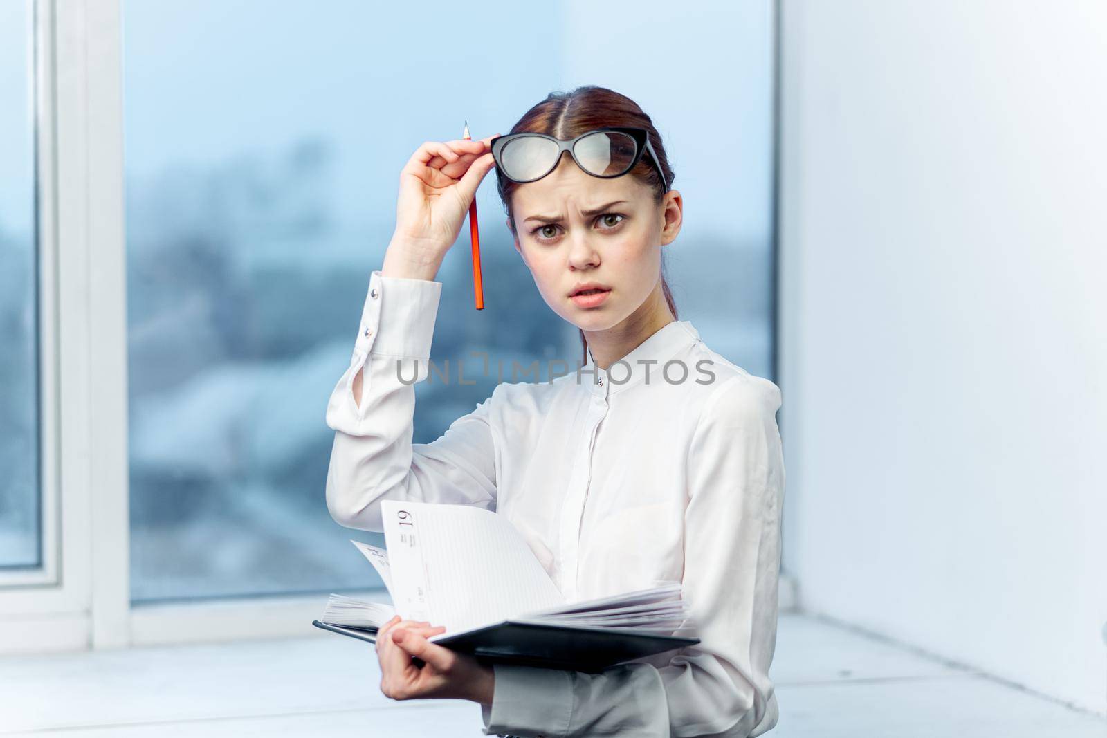 Business woman documents office professional work. High quality photo