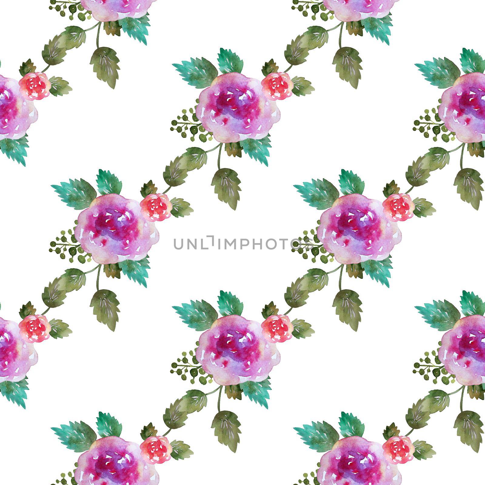 Vintage floral seamless pattern with pink rose flowers and leaf. Print for textile wallpaper endless. Hand-drawn watercolor elements. Beauty bouquets. Leaves green on white background. Female. by DesignAB